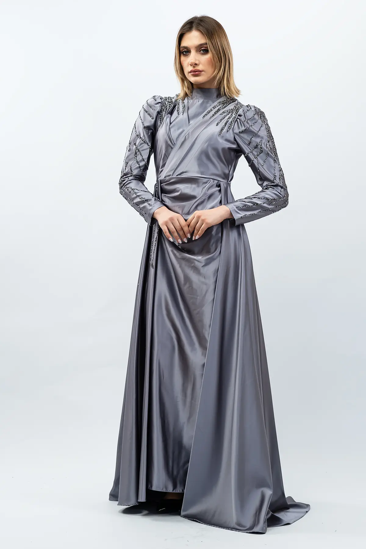 Taş Detaylı Saten Abiye Elbise Gri-detail
