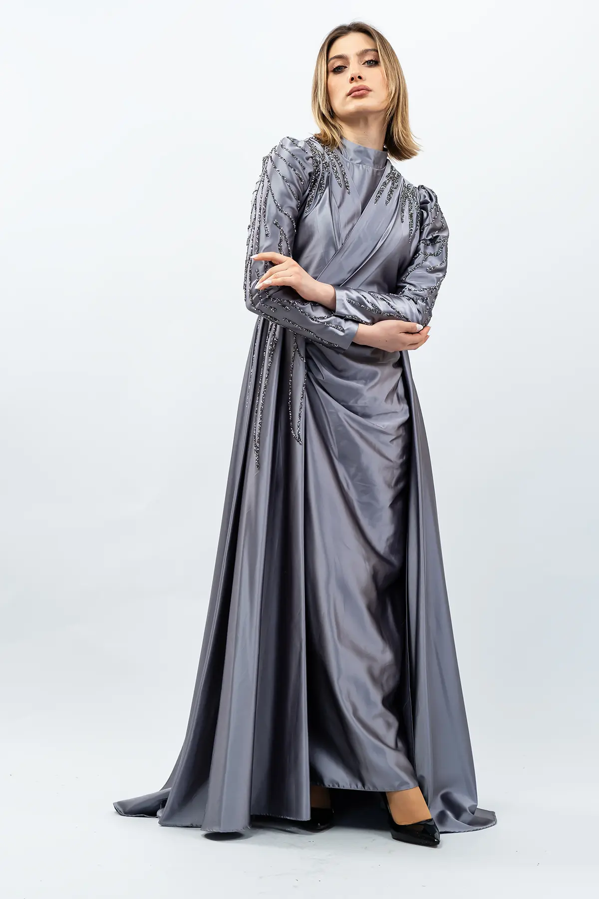 Taş Detaylı Saten Abiye Elbise Gri-detail