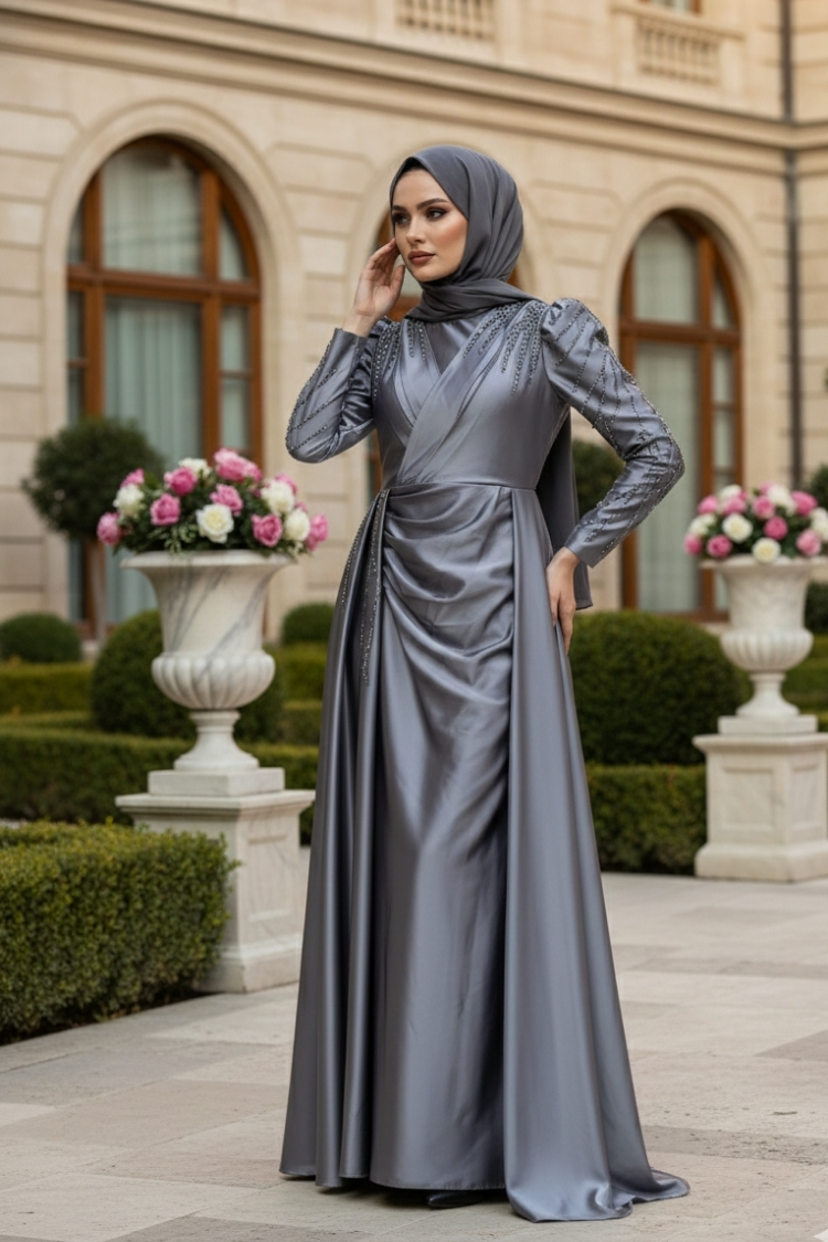 Stone Detailed Satin Evening Dress Grey