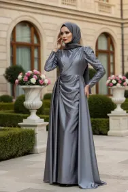Stone Detailed Satin Evening Dress Grey