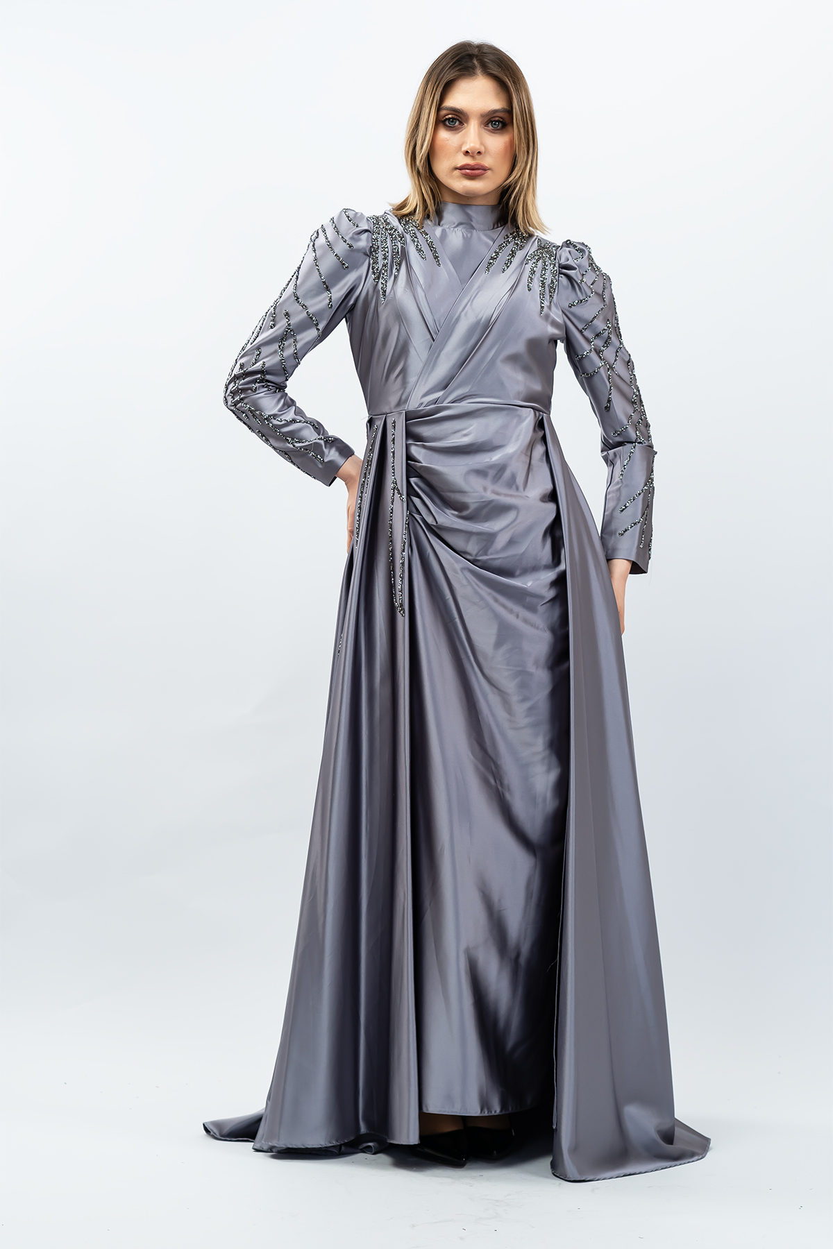Taş Detaylı Saten Abiye Elbise Gri