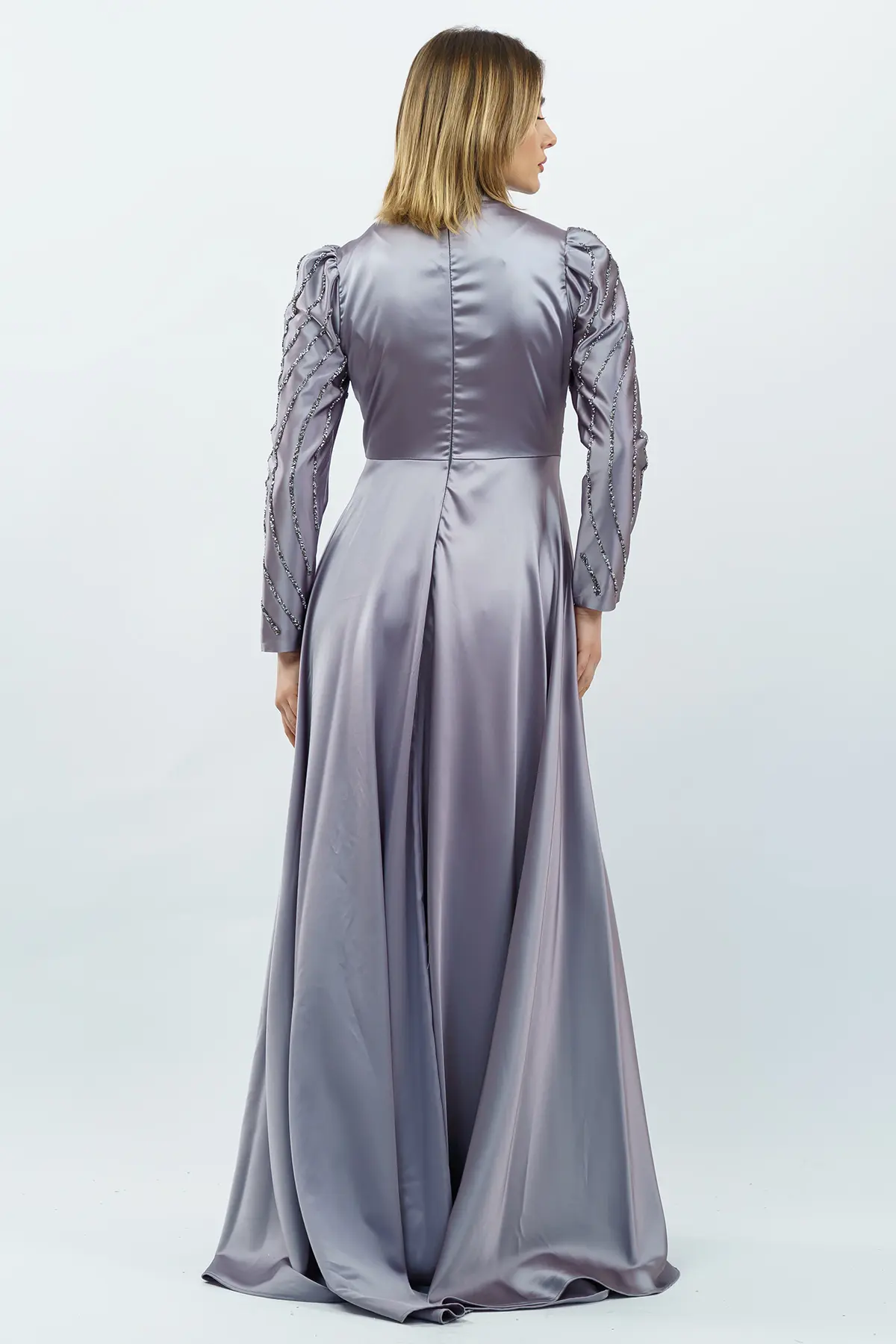 Taş Detaylı Saten Abiye Elbise Gri-detail