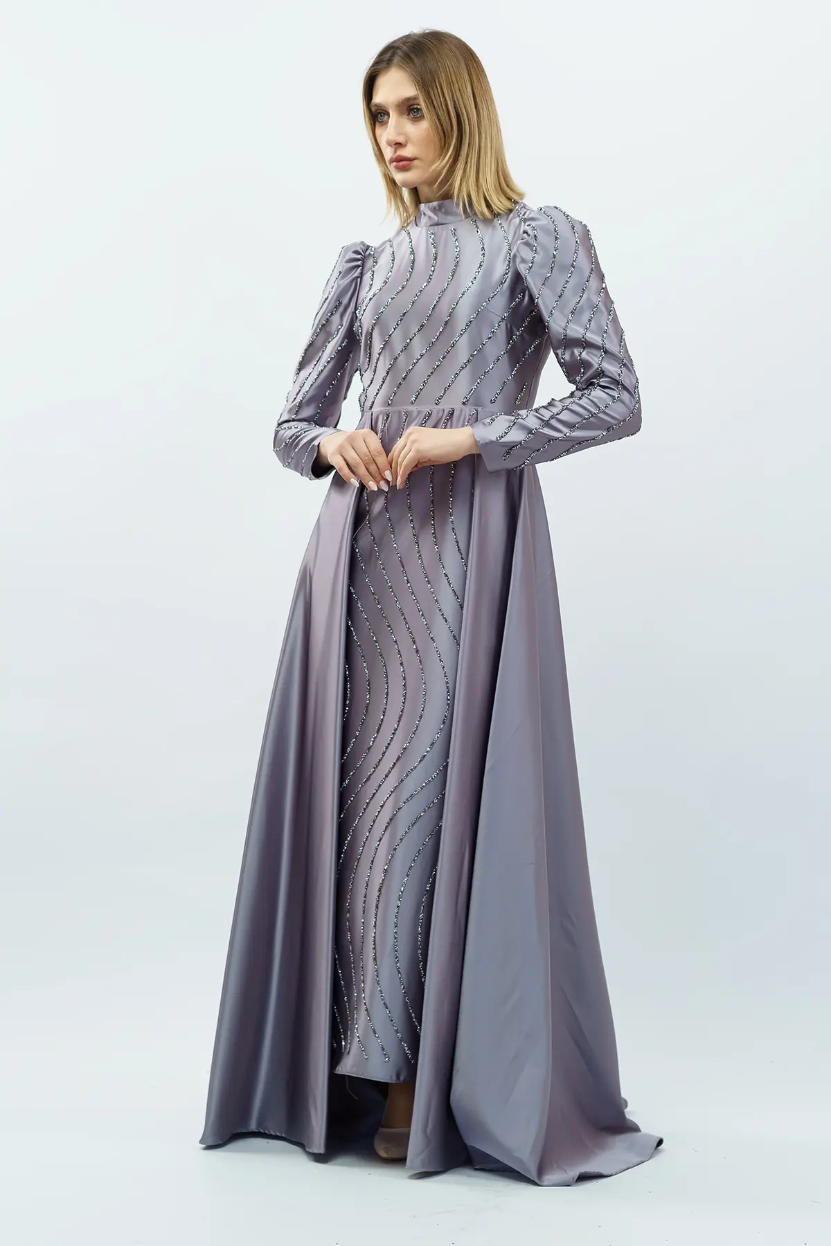 Taş Detaylı Saten Abiye Elbise Gri-detail