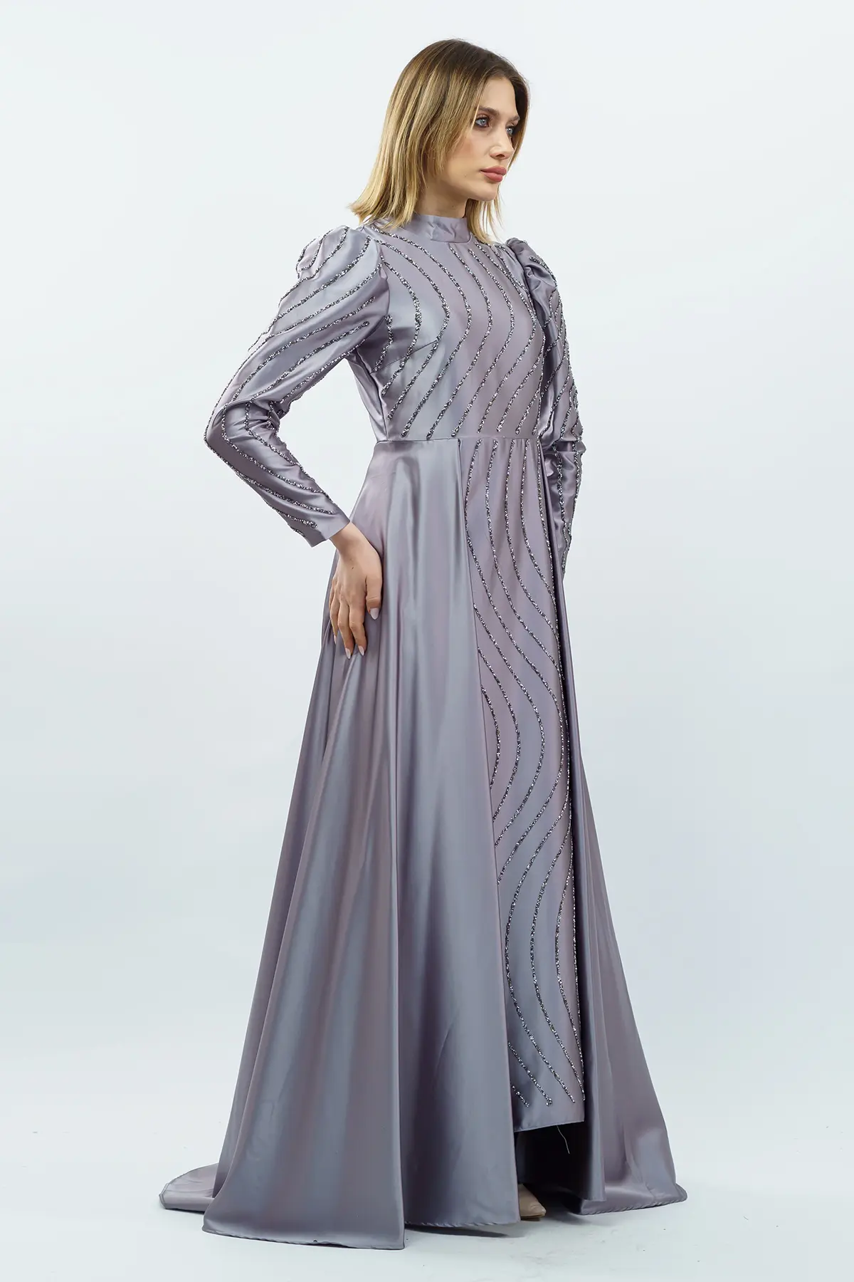 Taş Detaylı Saten Abiye Elbise Gri-detail