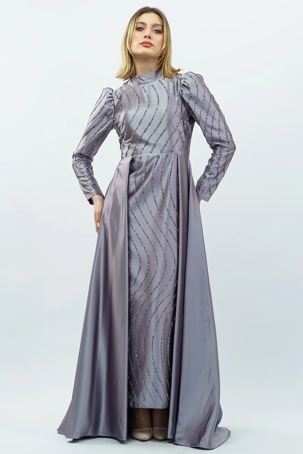 Taş Detaylı Saten Abiye Elbise Gri-detail