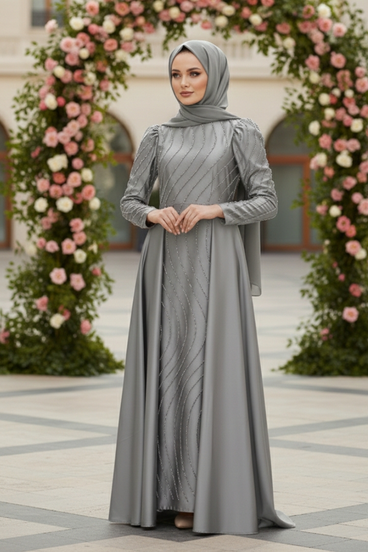 Stone Detailed Satin Evening Dress Grey