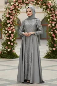 Stone Detailed Satin Evening Dress Grey