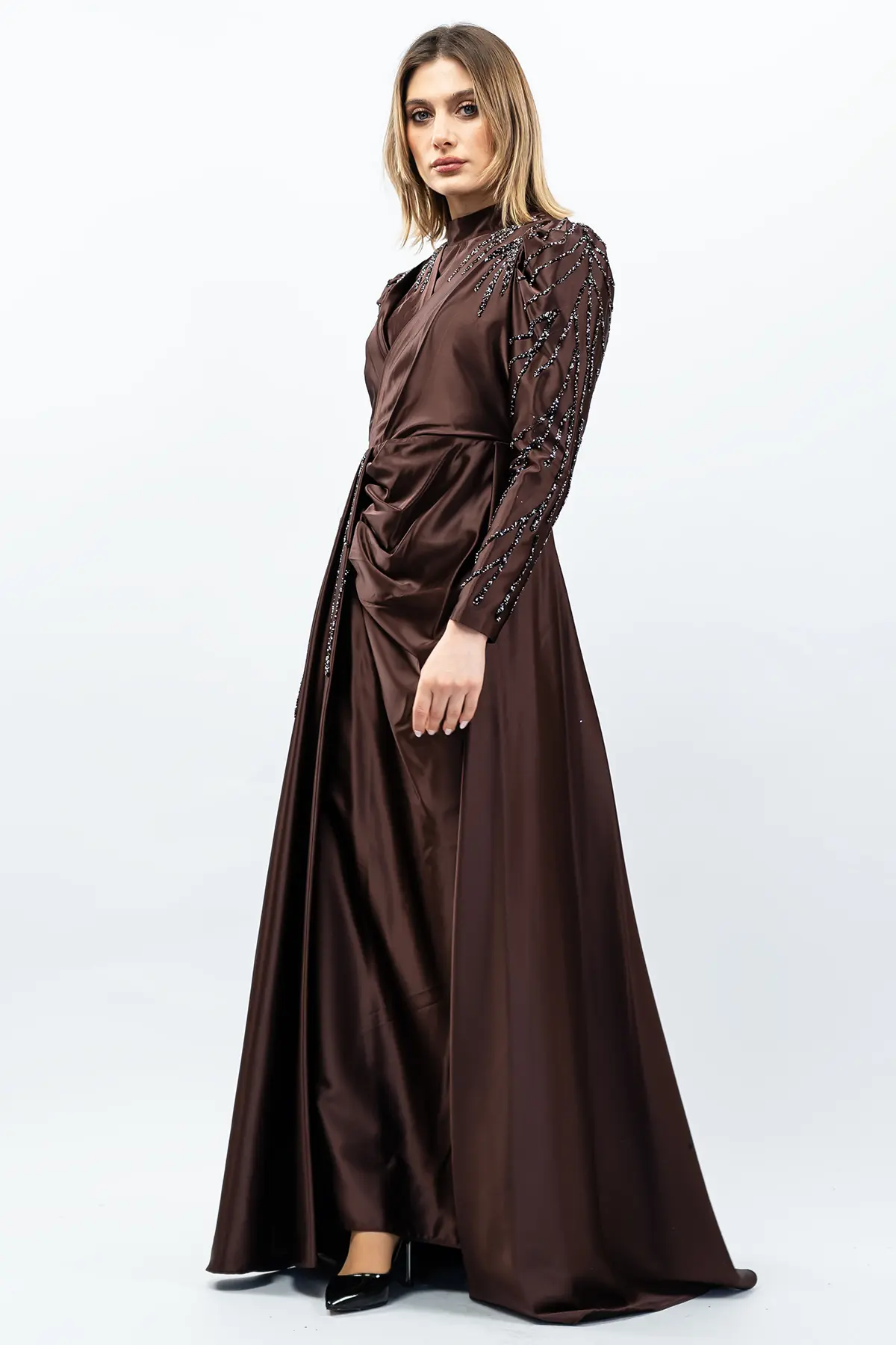 Taş Detaylı Saten Abiye Elbise Kahverengi-detail