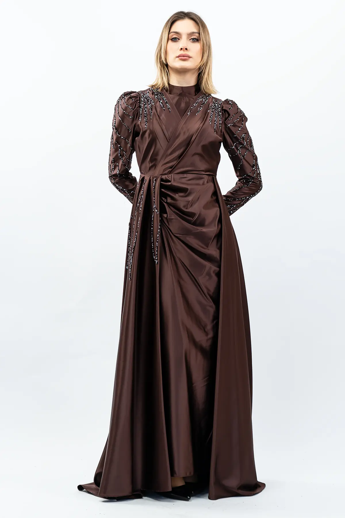 Taş Detaylı Saten Abiye Elbise Kahverengi-detail