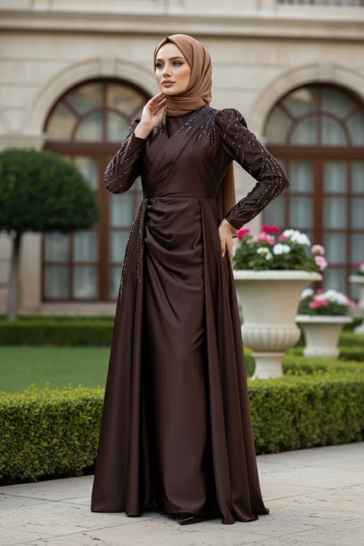 Stone Detailed Satin Evening Dress Brown
