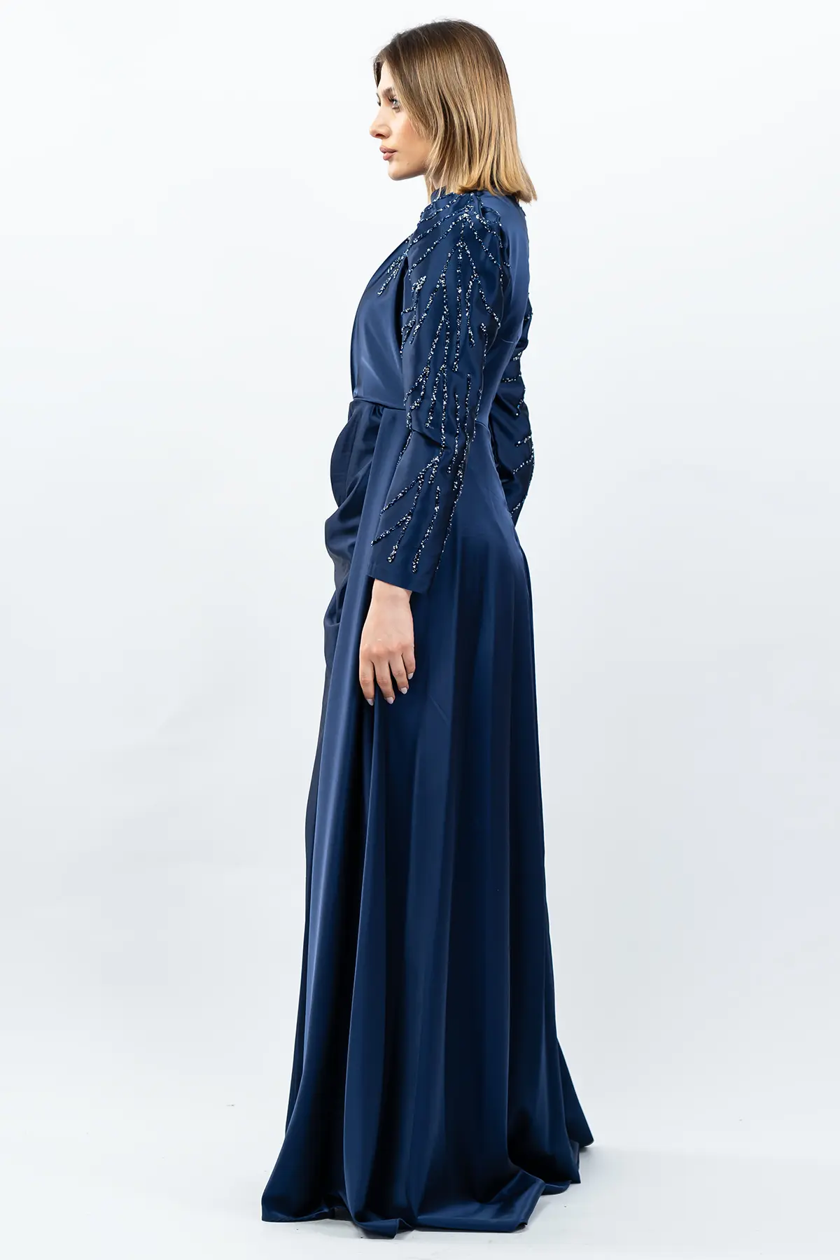 Taş Detaylı Saten Abiye Elbise Lacivert-detail