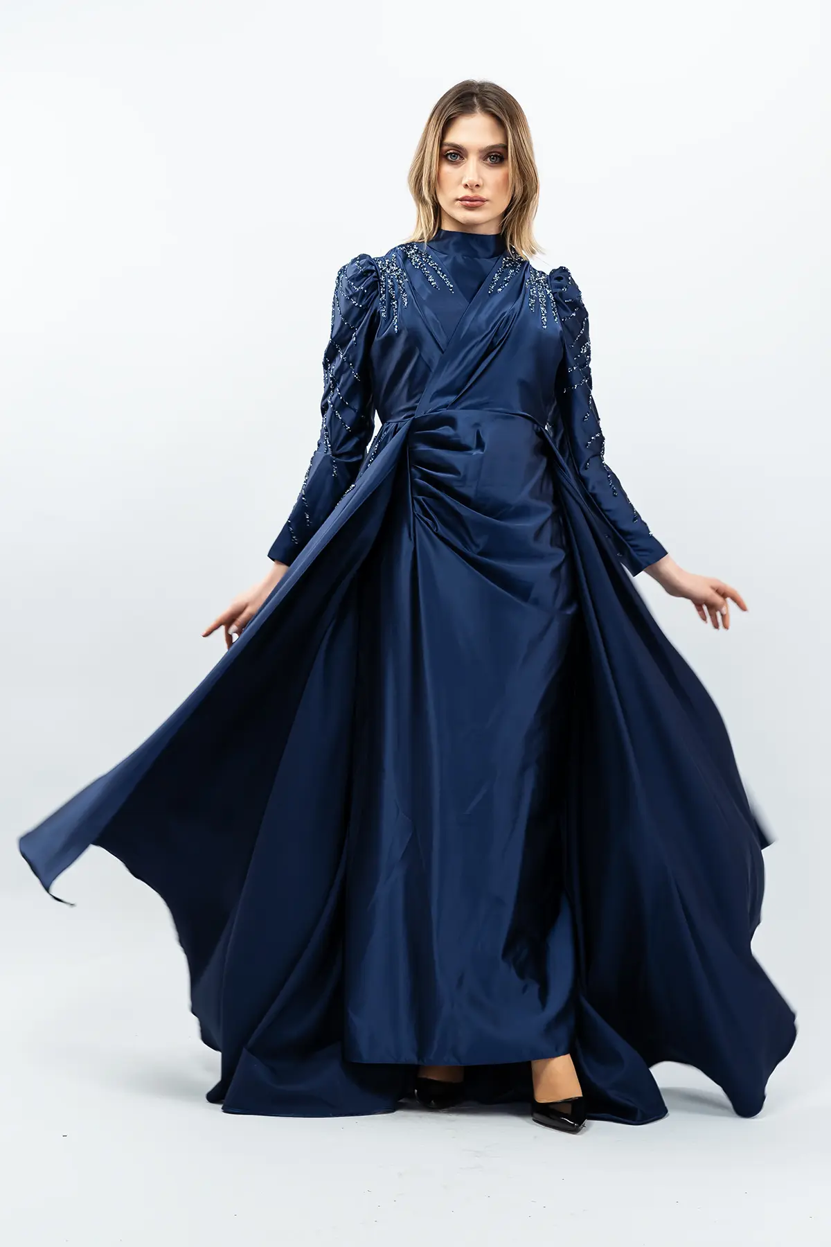 Taş Detaylı Saten Abiye Elbise Lacivert-detail