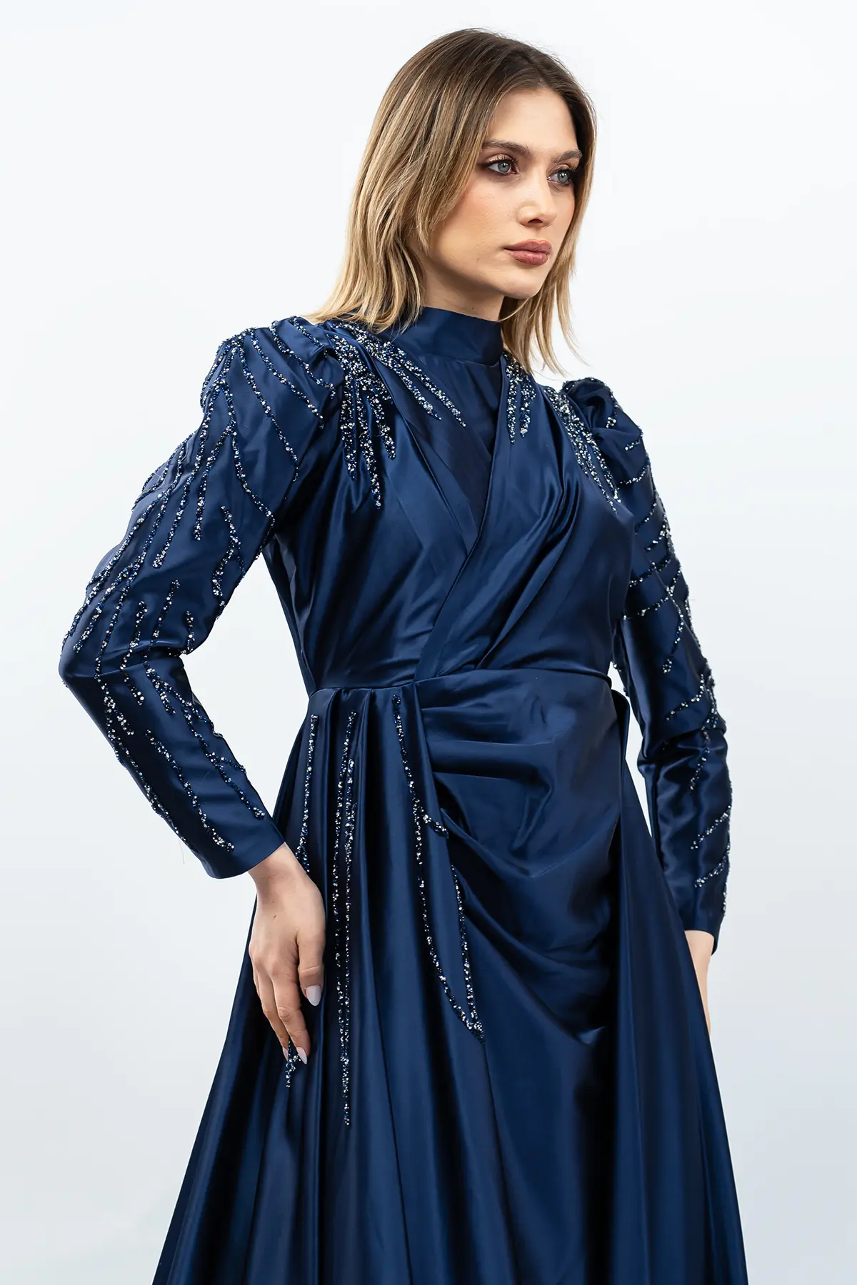 Taş Detaylı Saten Abiye Elbise Lacivert-detail