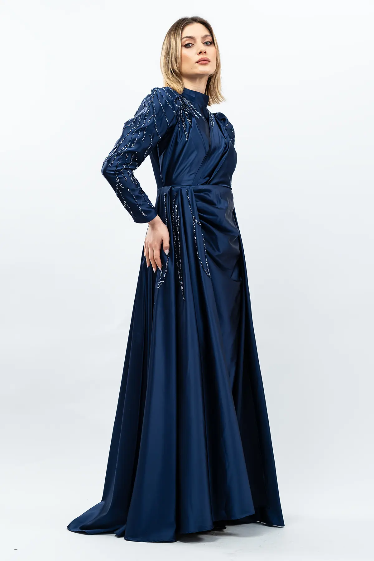 Taş Detaylı Saten Abiye Elbise Lacivert-detail