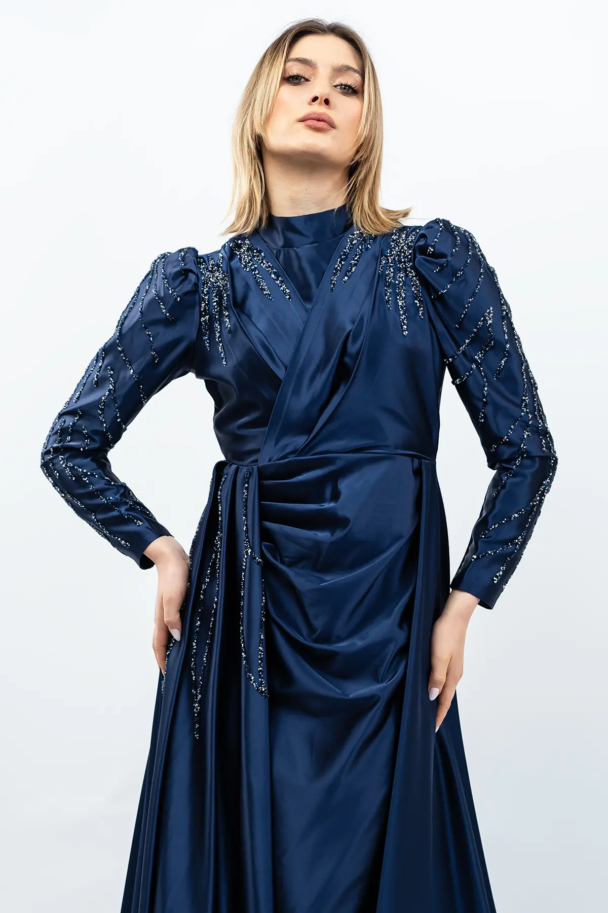 Taş Detaylı Saten Abiye Elbise Lacivert-detail