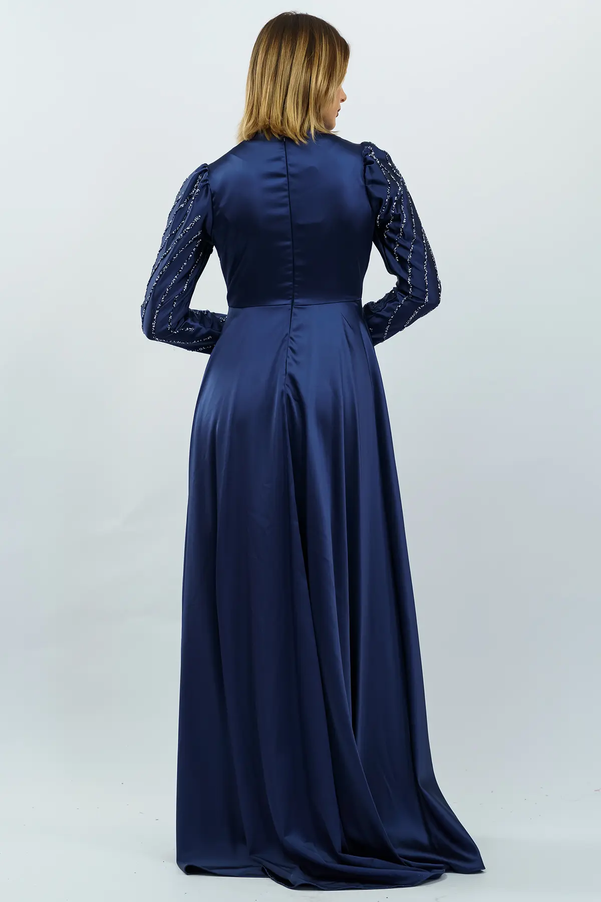 Taş Detaylı Saten Abiye Elbise Lacivert-detail