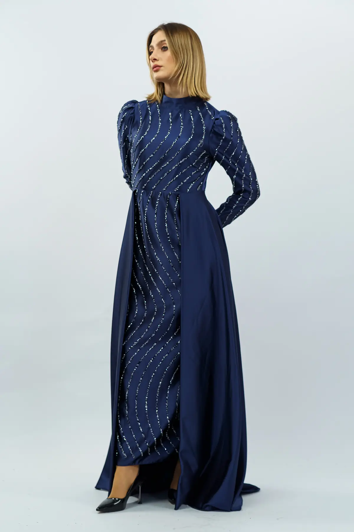 Taş Detaylı Saten Abiye Elbise Lacivert-detail