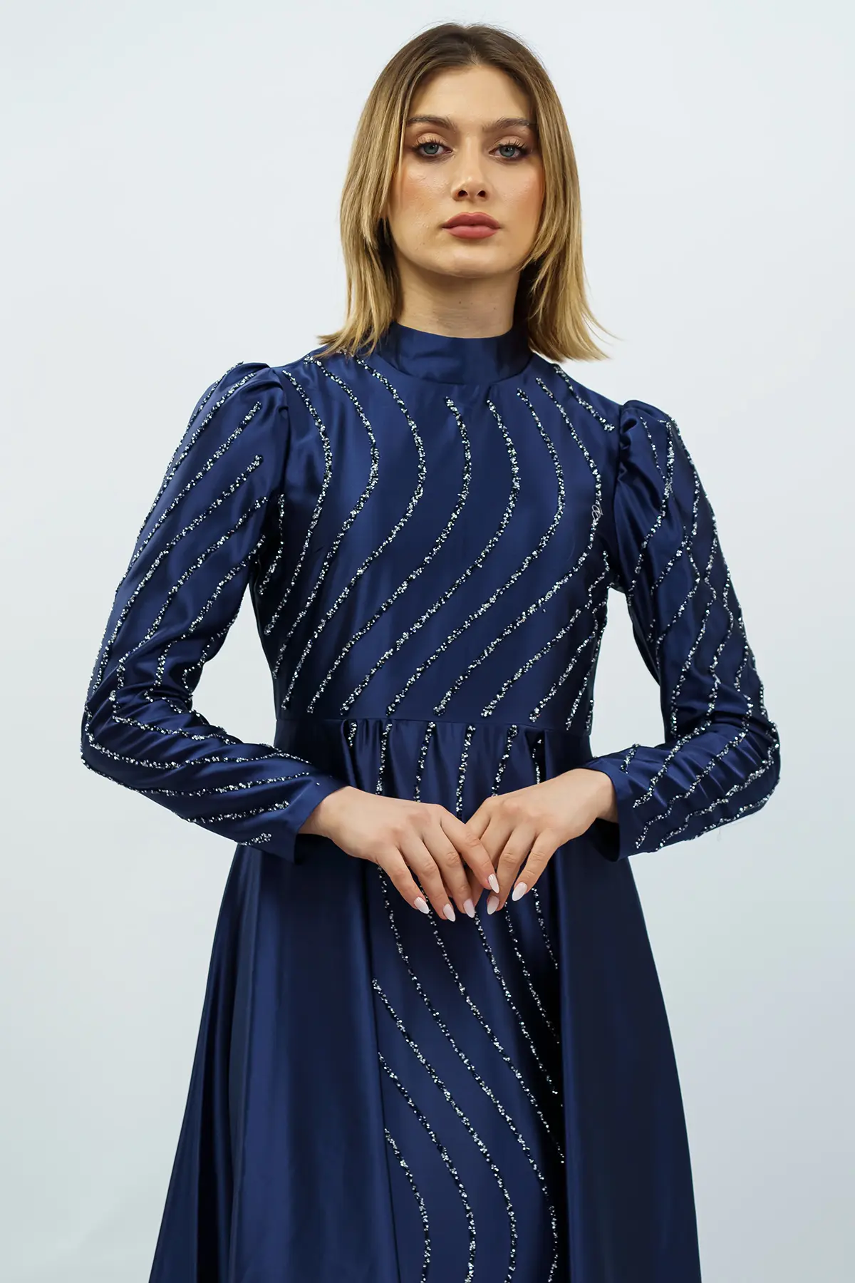 Taş Detaylı Saten Abiye Elbise Lacivert-detail