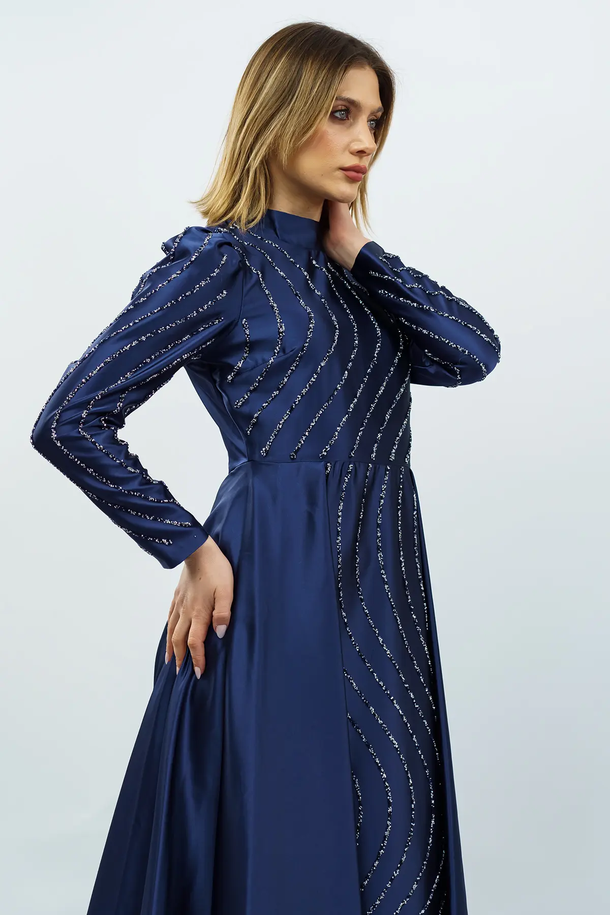 Taş Detaylı Saten Abiye Elbise Lacivert-detail