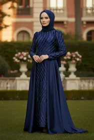 Stone Detailed Satin Evening Dress Navy Blue