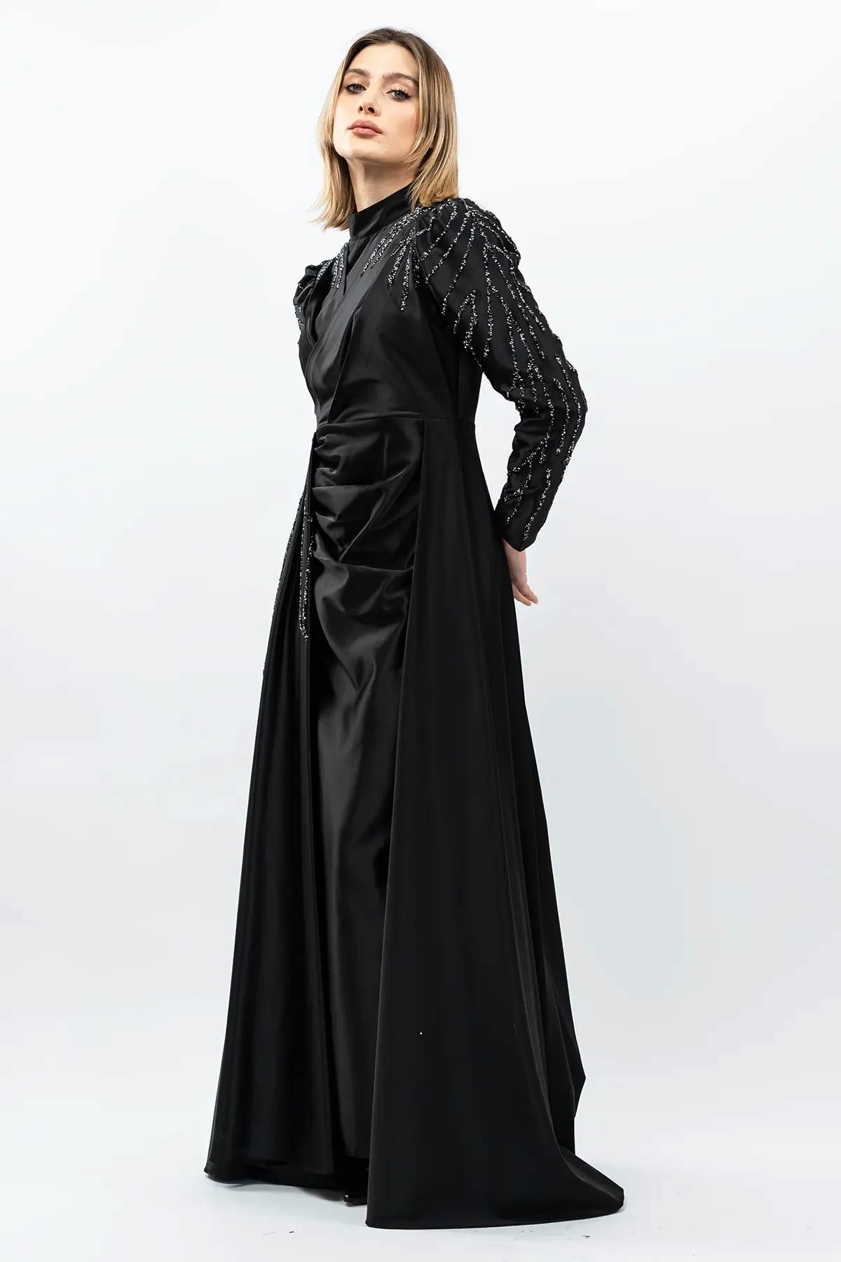 Taş Detaylı Saten Abiye Elbise Siyah-detail