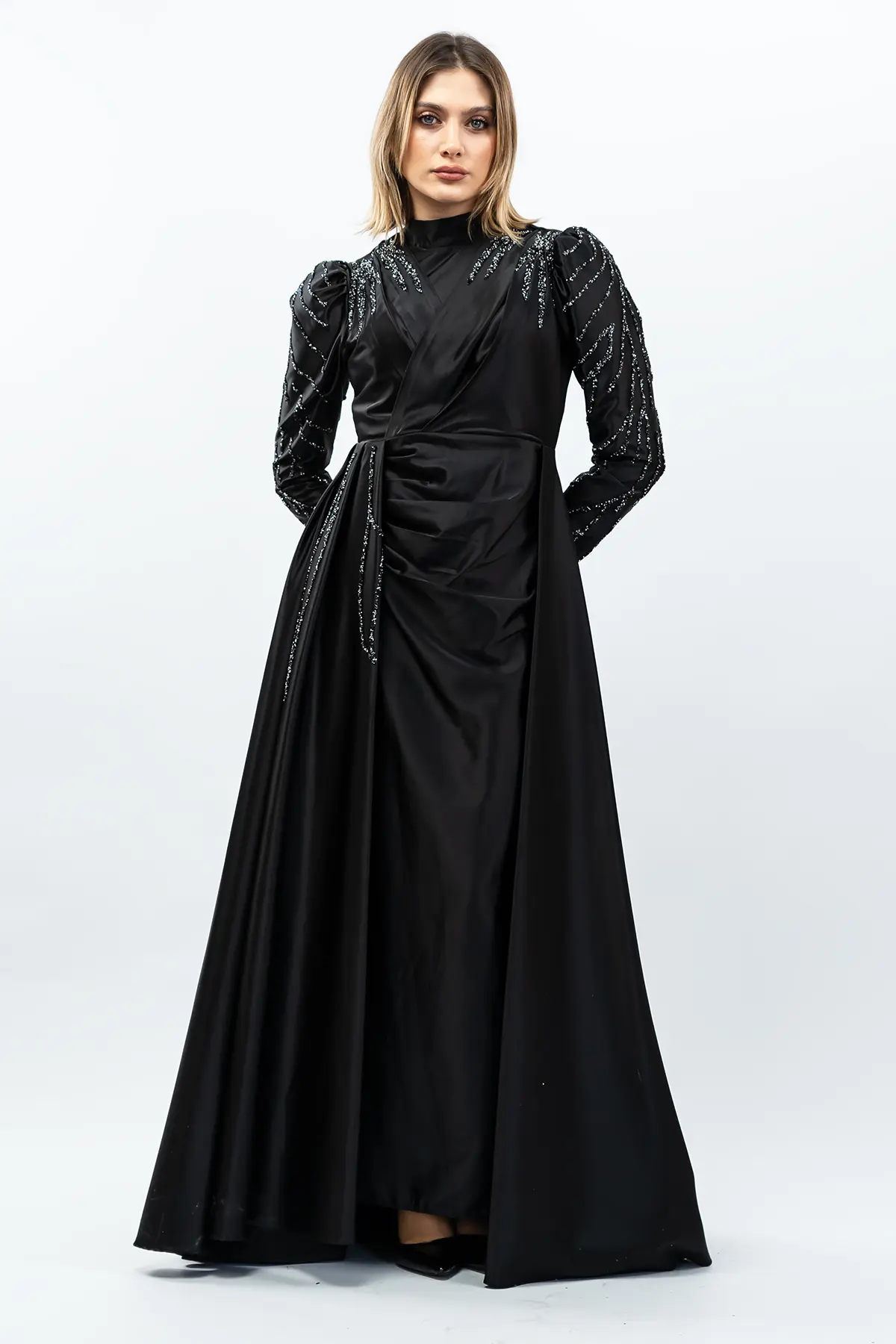 Taş Detaylı Saten Abiye Elbise Siyah-detail