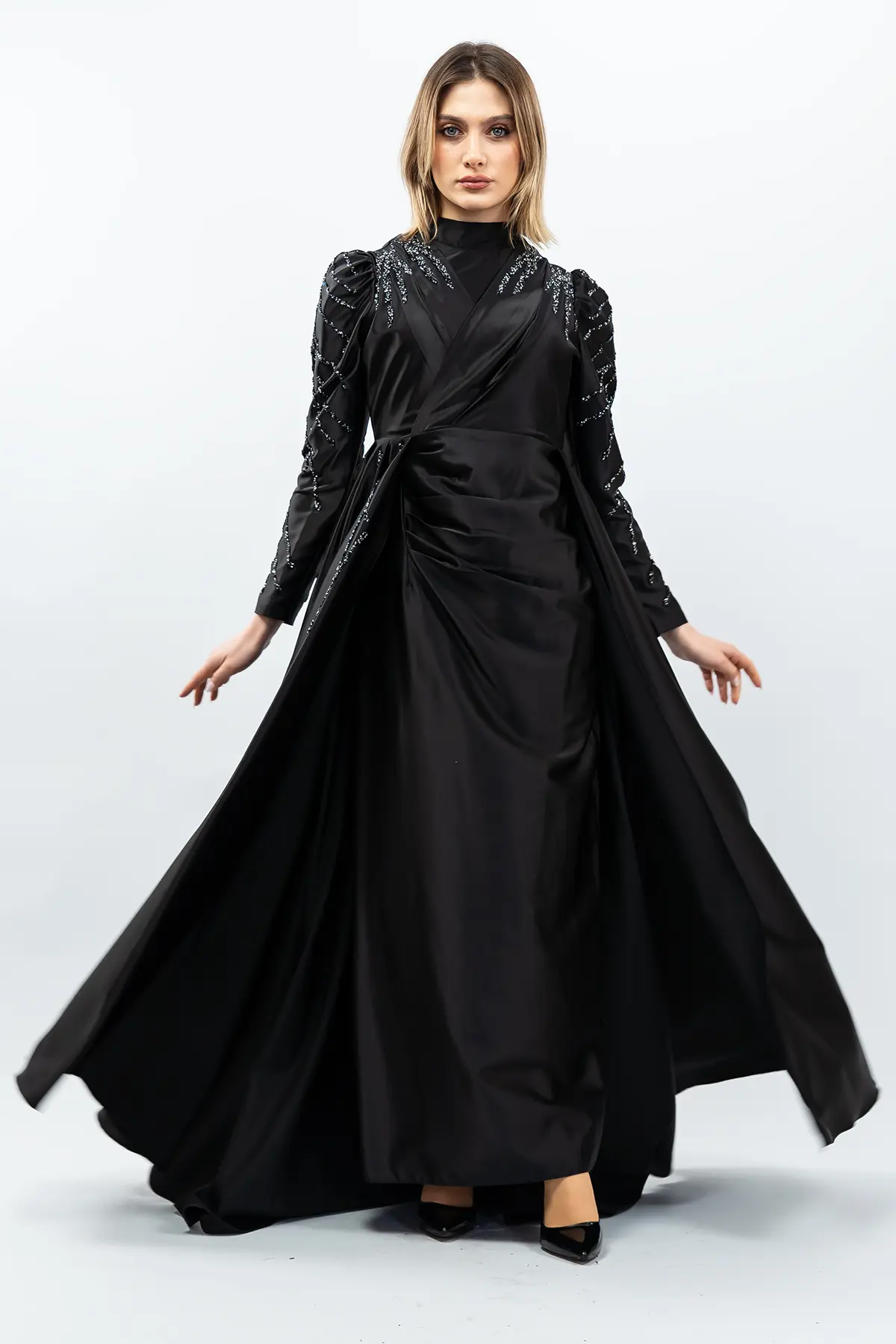 Taş Detaylı Saten Abiye Elbise Siyah-detail