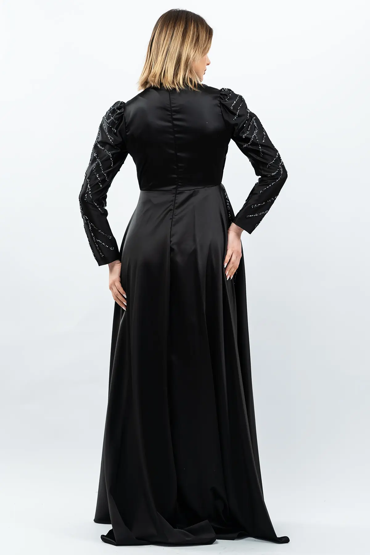 Taş Detaylı Saten Abiye Elbise Siyah-detail