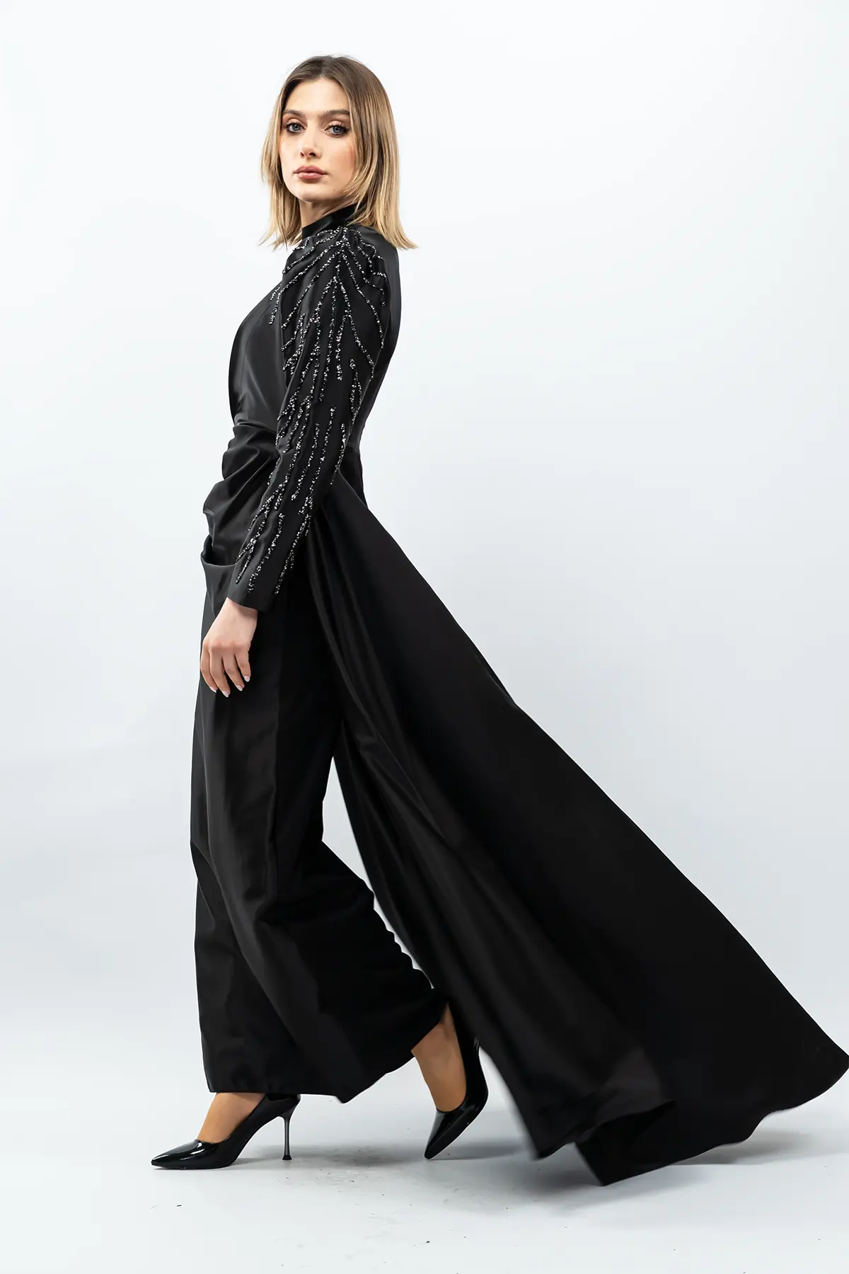 Taş Detaylı Saten Abiye Elbise Siyah-detail