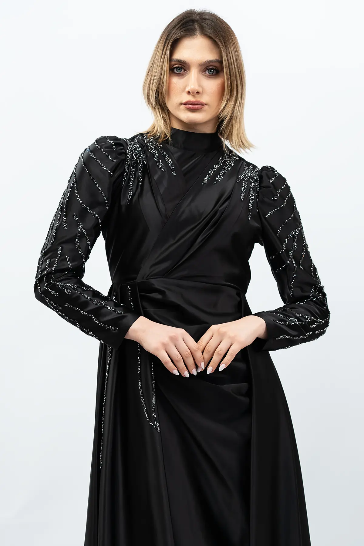 Taş Detaylı Saten Abiye Elbise Siyah-detail