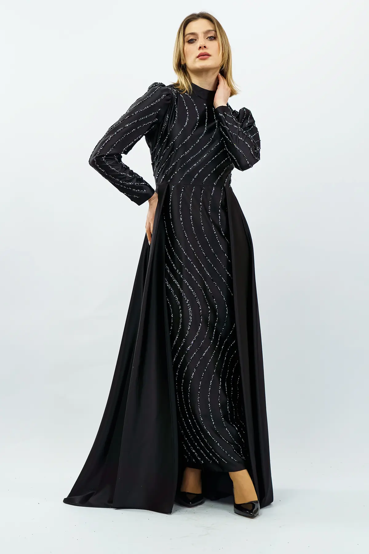 Taş Detaylı Saten Abiye Elbise Siyah-detail