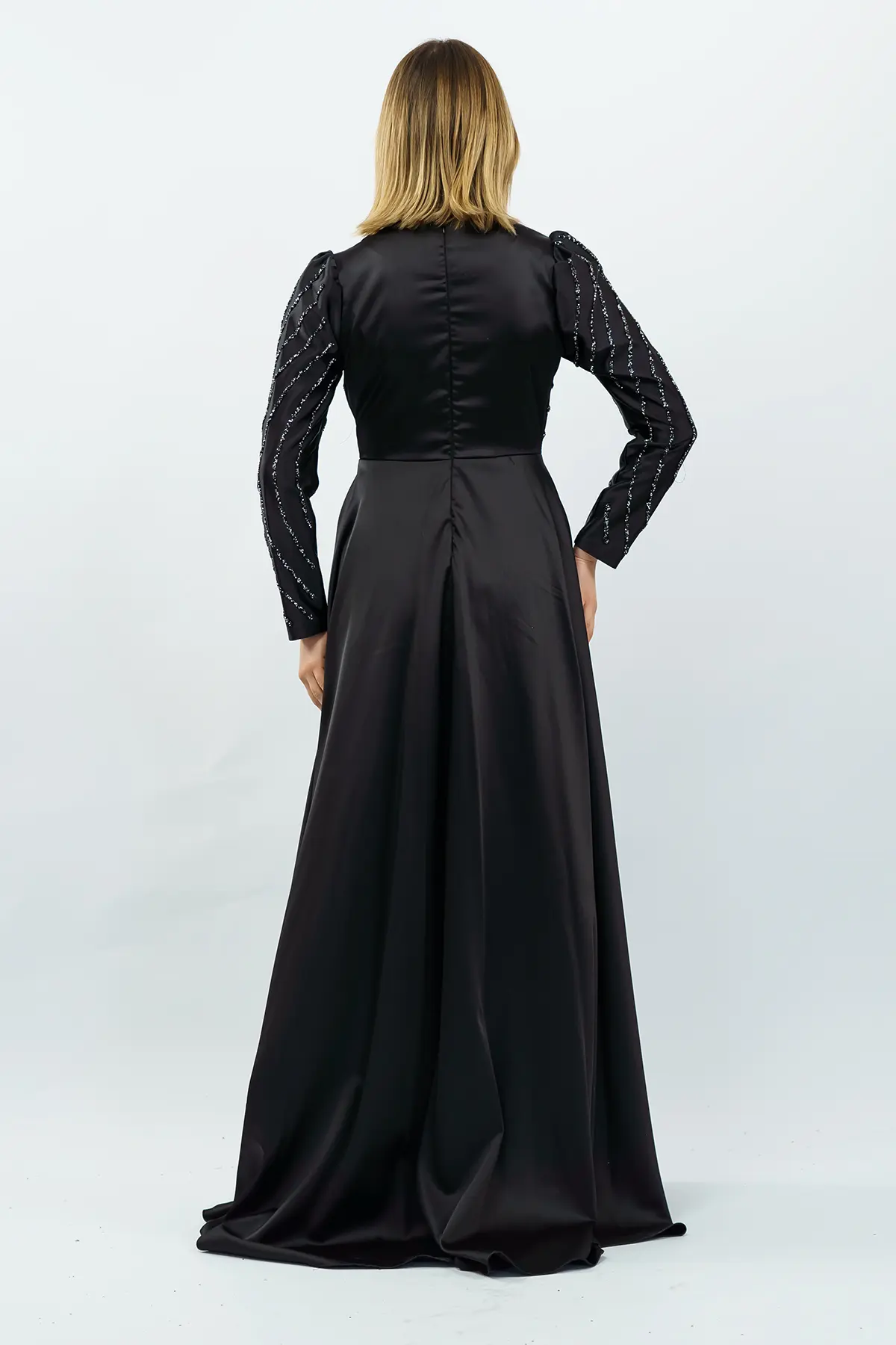 Taş Detaylı Saten Abiye Elbise Siyah-detail