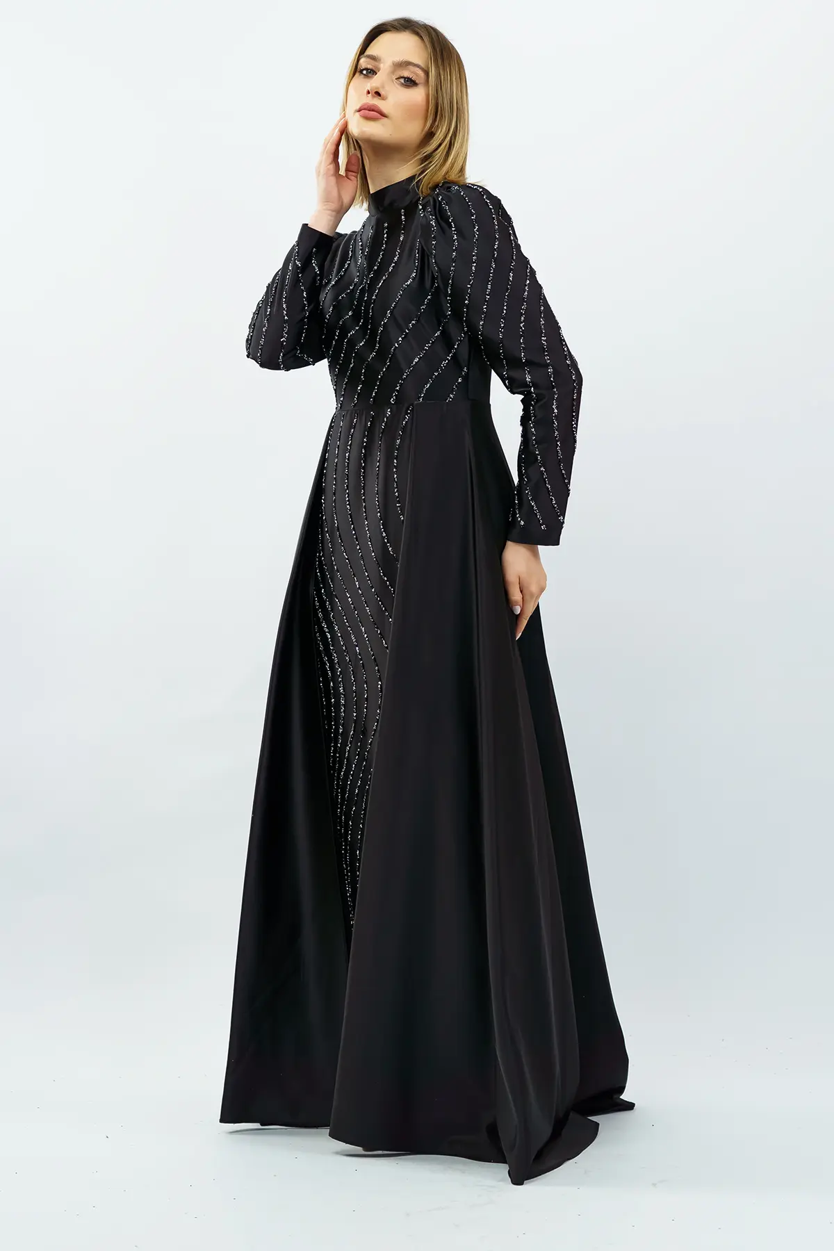 Taş Detaylı Saten Abiye Elbise Siyah-detail