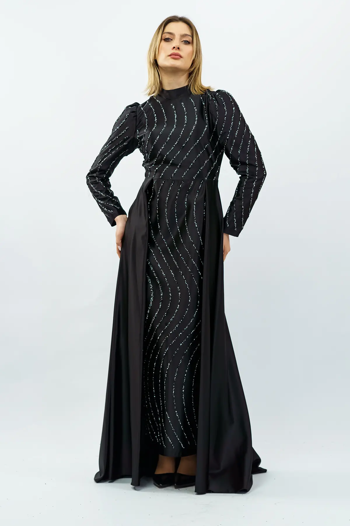 Taş Detaylı Saten Abiye Elbise Siyah-detail