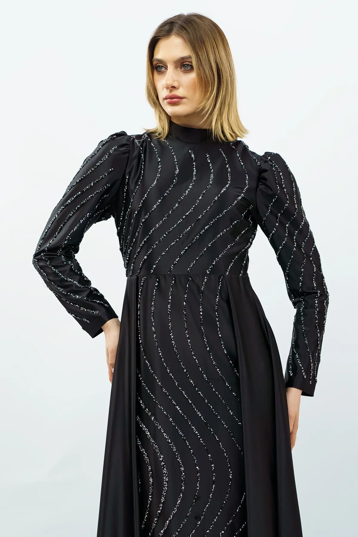 Taş Detaylı Saten Abiye Elbise Siyah-detail