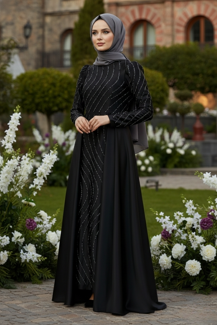 Stone Detailed Satin Evening Dress Black