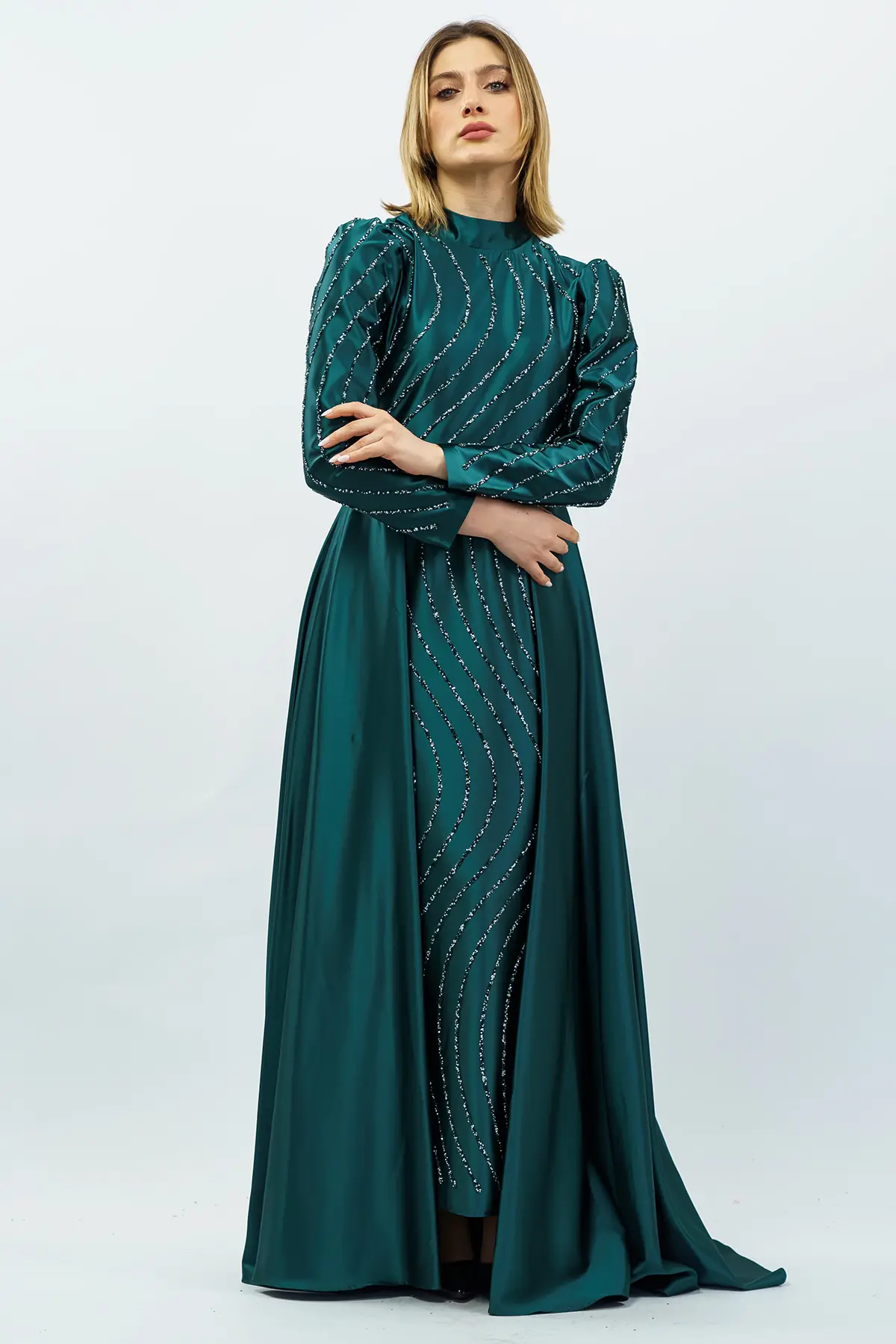 Taş Detaylı Saten Abiye Elbise Zümrüt Yeşili-detail