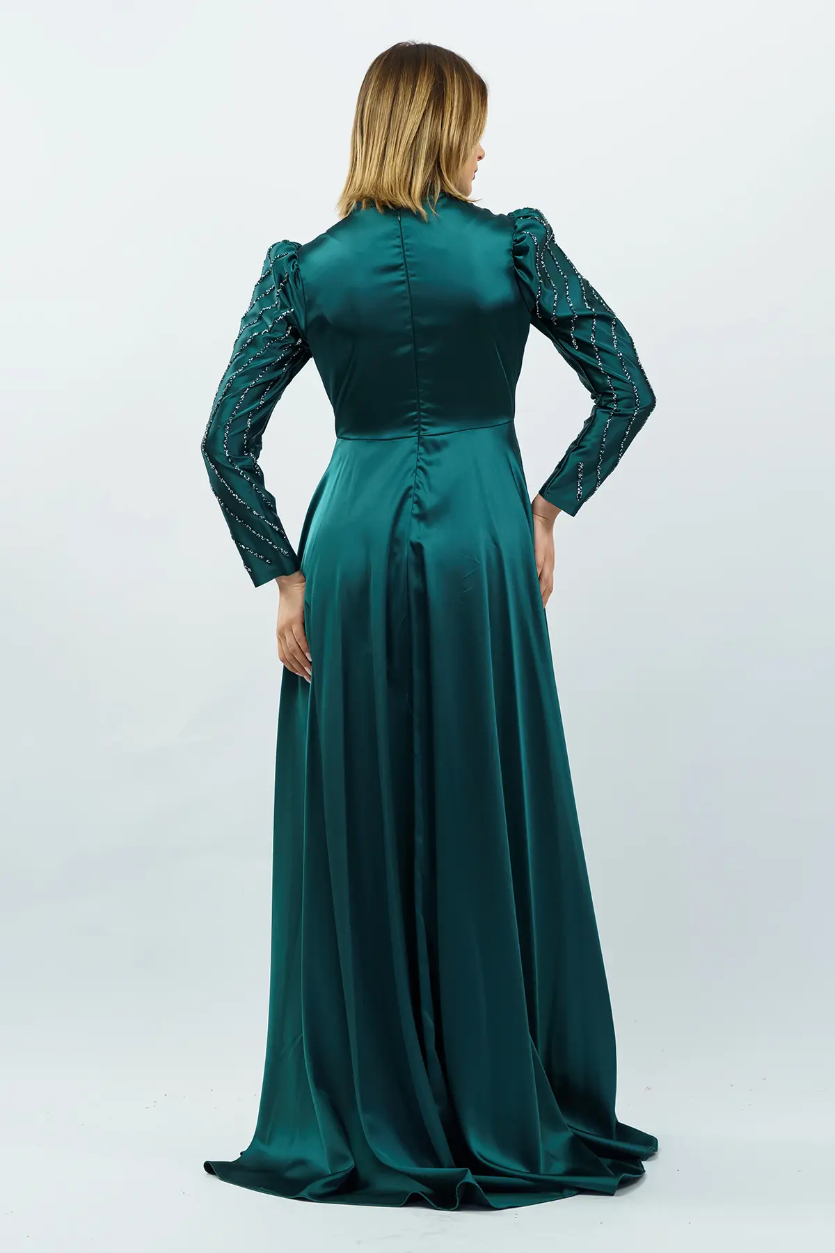 Taş Detaylı Saten Abiye Elbise Zümrüt Yeşili-detail