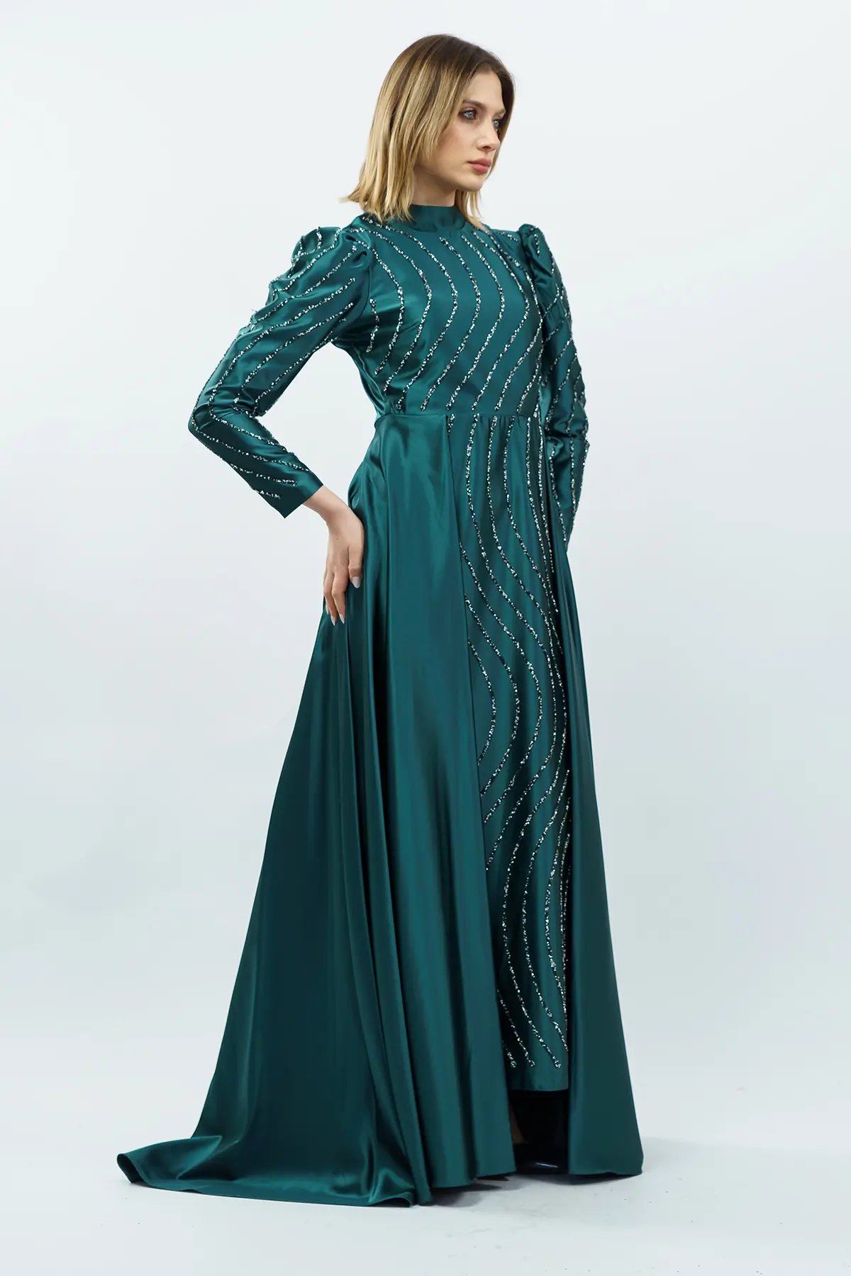 Taş Detaylı Saten Abiye Elbise Zümrüt Yeşili-detail