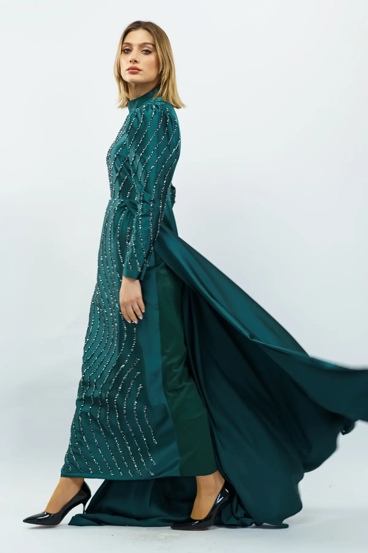 Taş Detaylı Saten Abiye Elbise Zümrüt Yeşili-detail