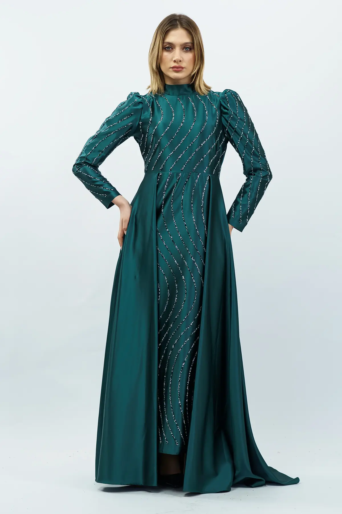 Taş Detaylı Saten Abiye Elbise Zümrüt Yeşili-detail