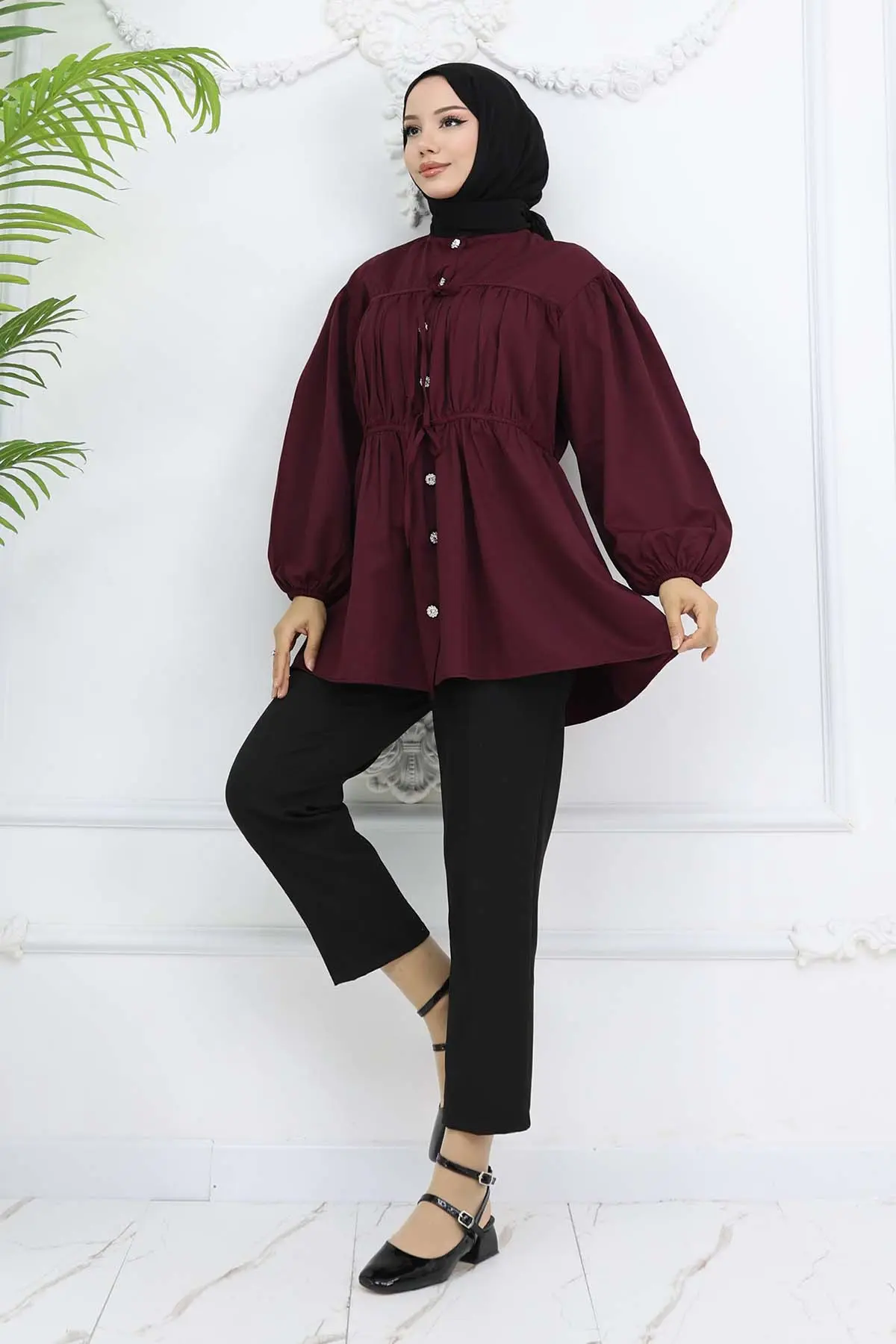 Taş Düğmeli Büzgülü Gömlek Bordo 2252-detail