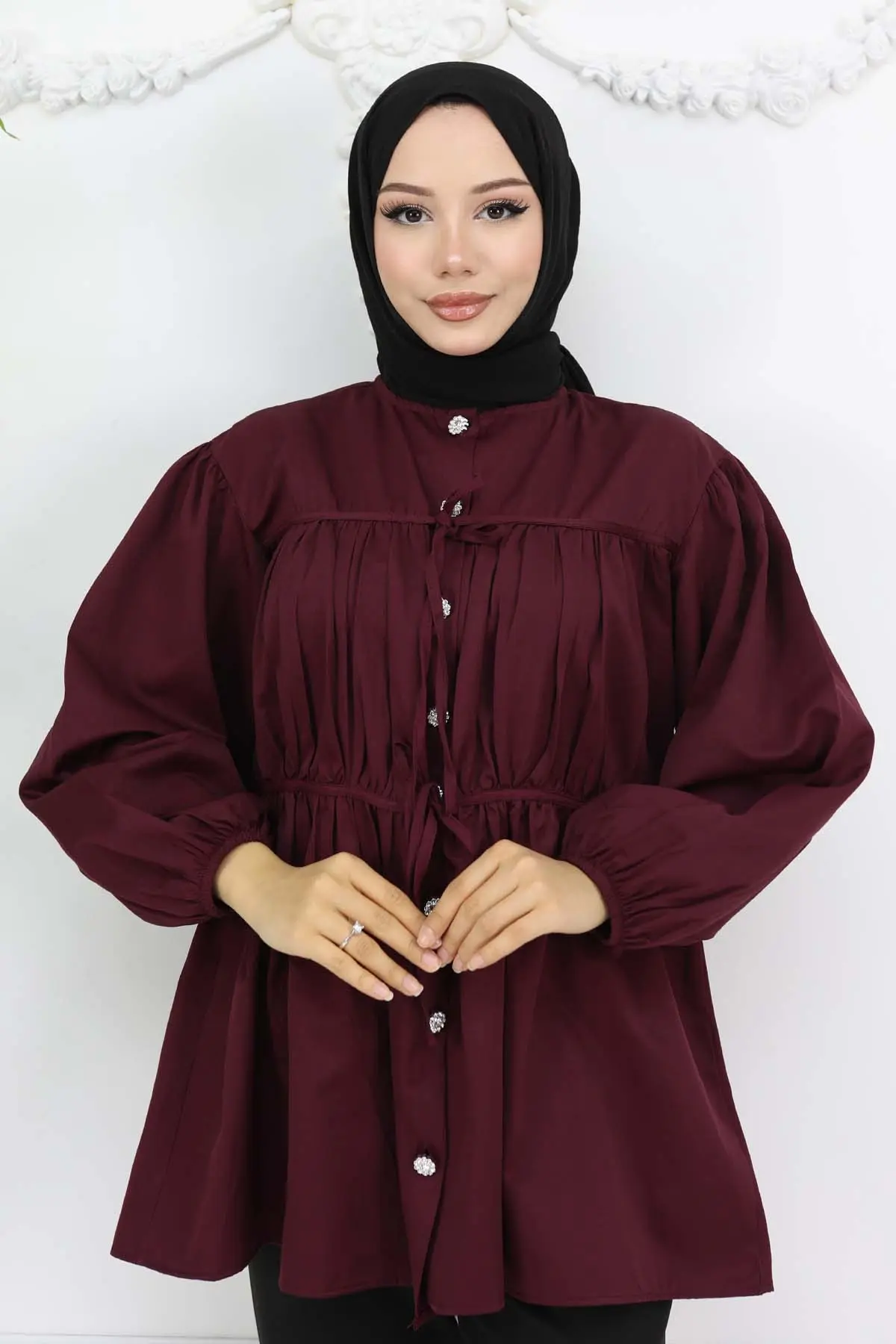 Taş Düğmeli Büzgülü Gömlek Bordo 2252-detail