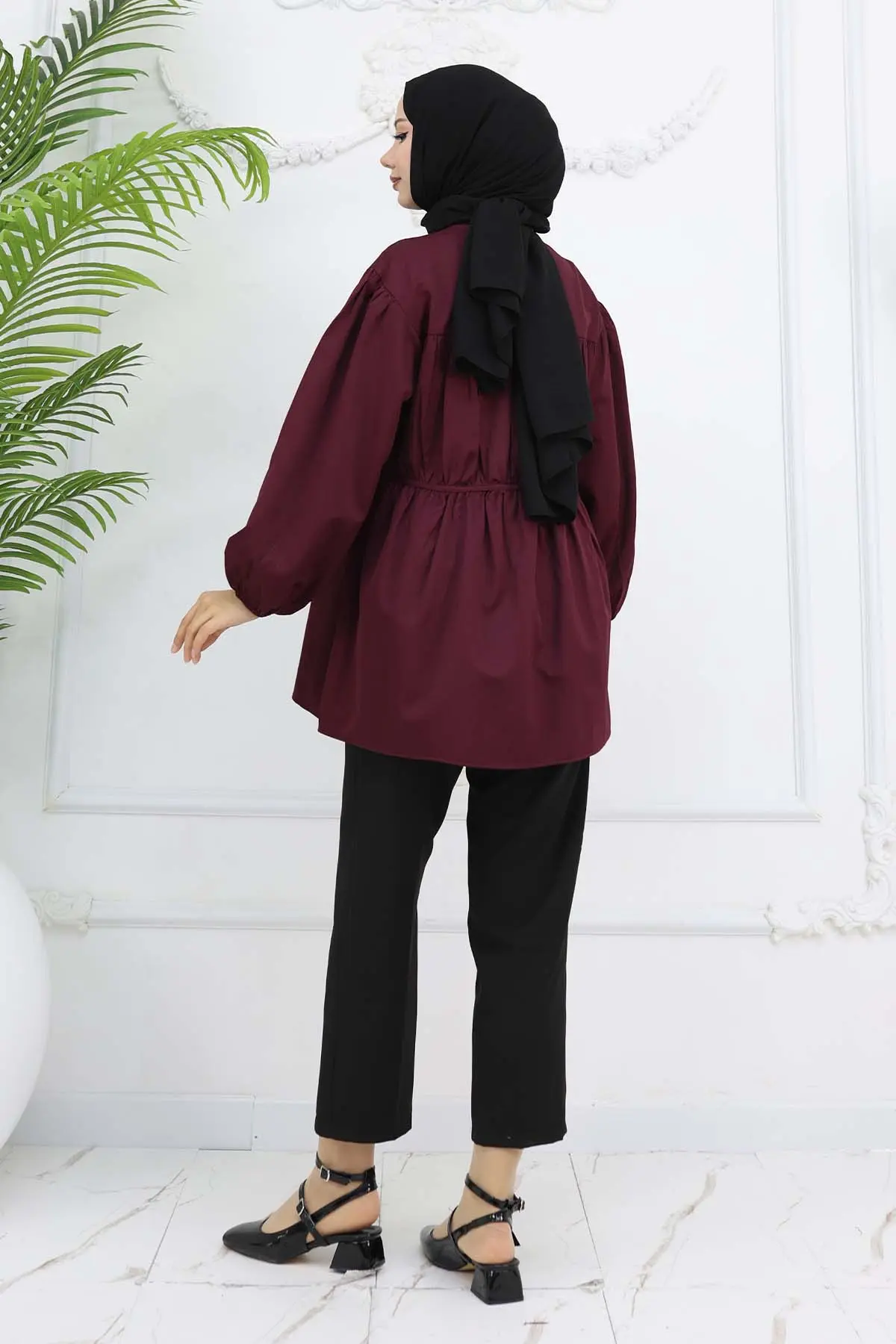 Taş Düğmeli Büzgülü Gömlek Bordo 2252-detail