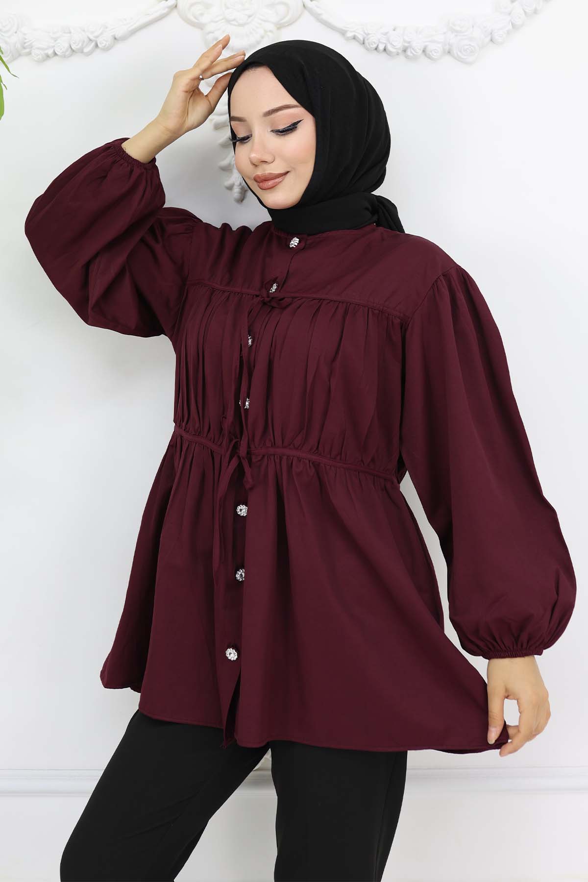 Taş Düğmeli Büzgülü Gömlek Bordo 2252
