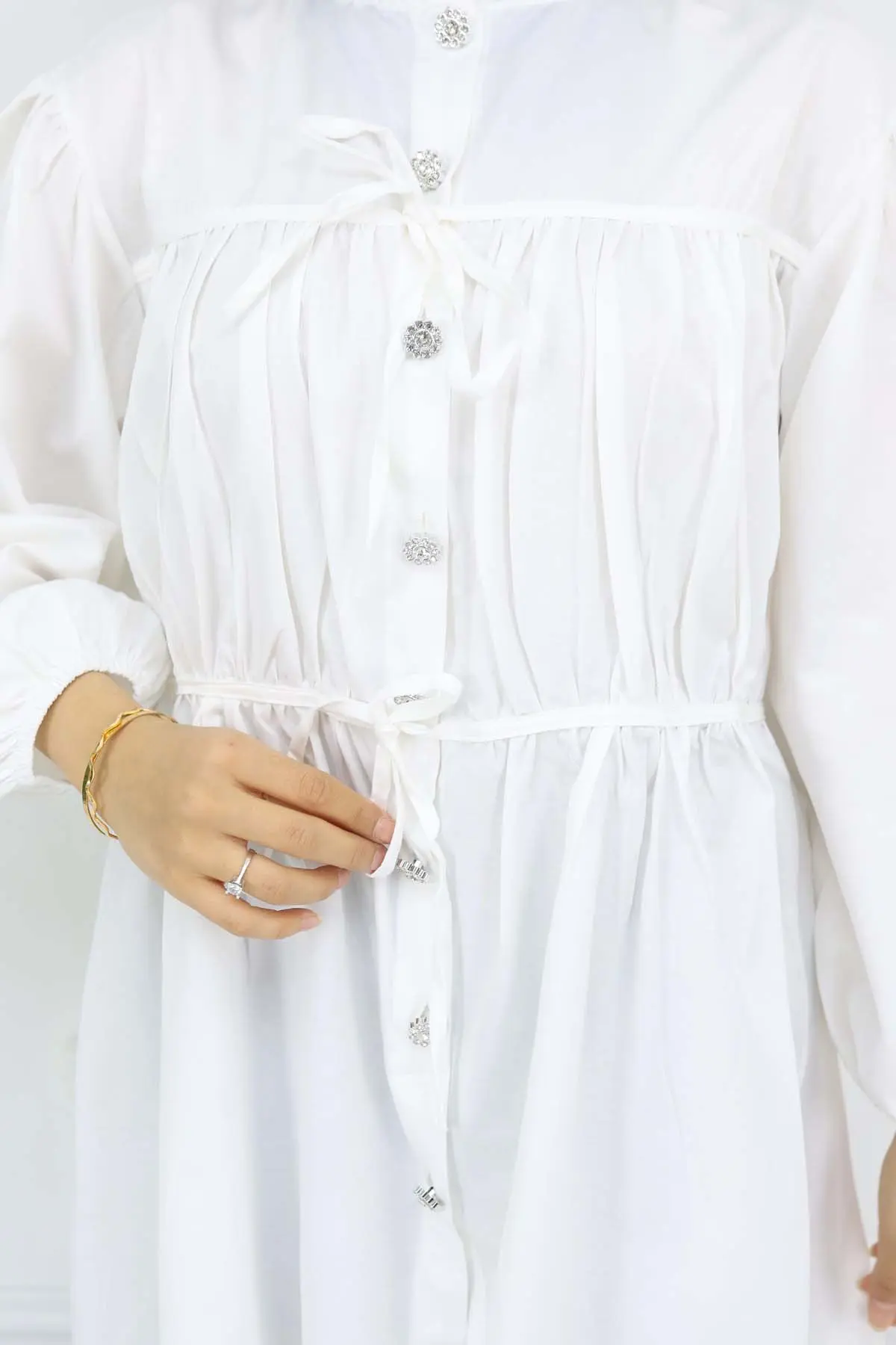 Taş Düğmeli Büzgülü Gömlek Ekru 2252-detail