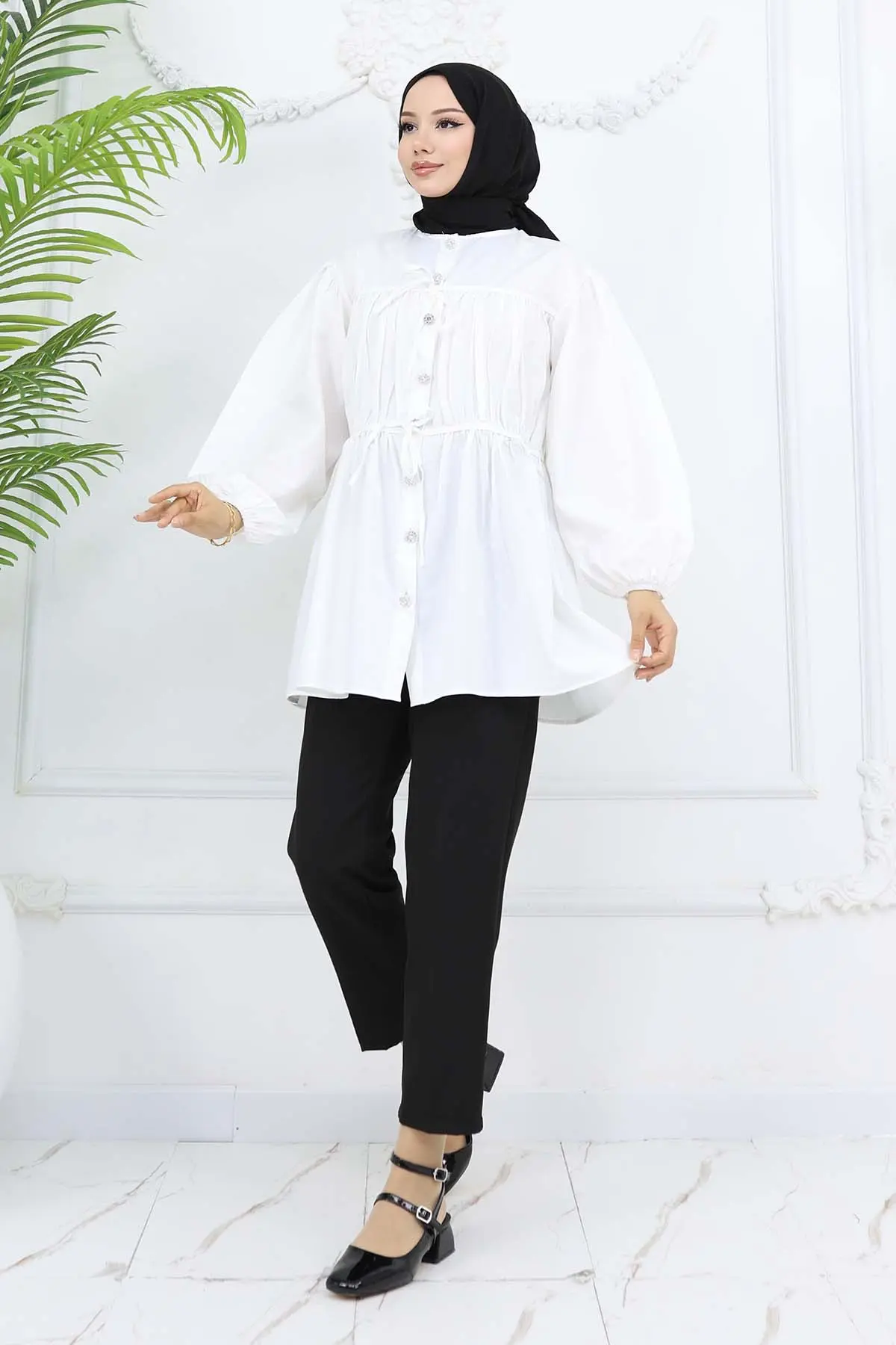 Taş Düğmeli Büzgülü Gömlek Ekru 2252-detail