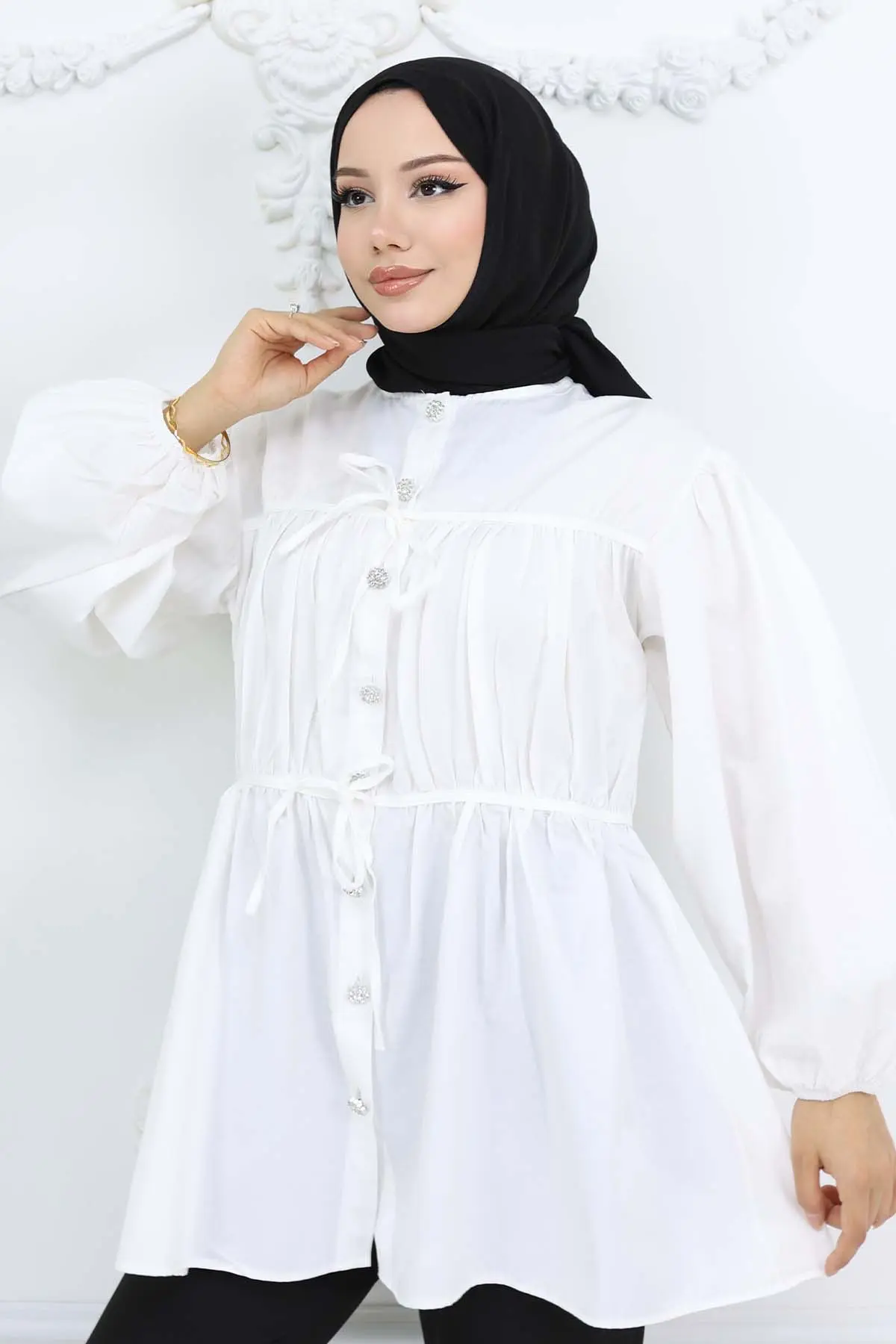 Taş Düğmeli Büzgülü Gömlek Ekru 2252-detail