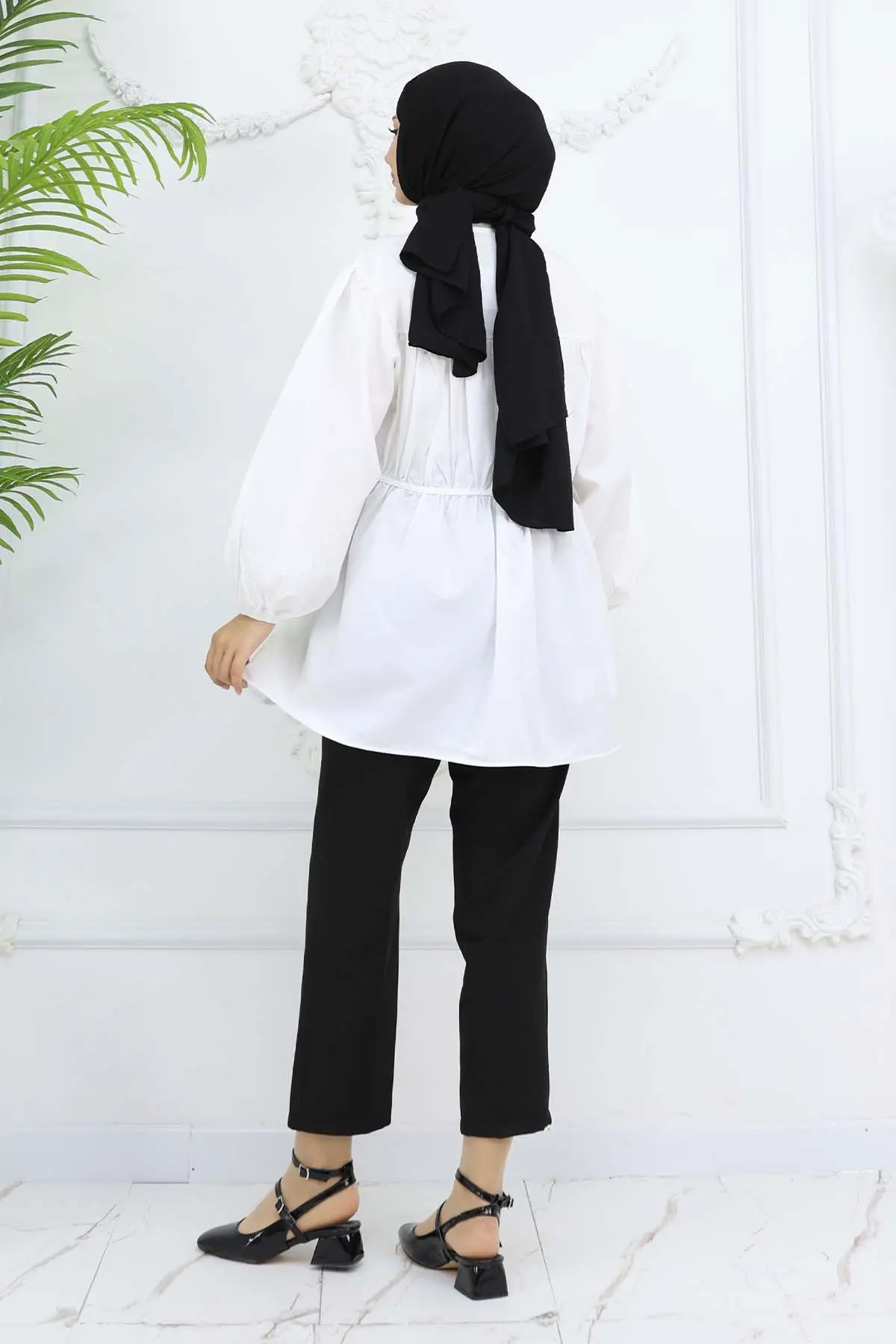 Taş Düğmeli Büzgülü Gömlek Ekru 2252-detail