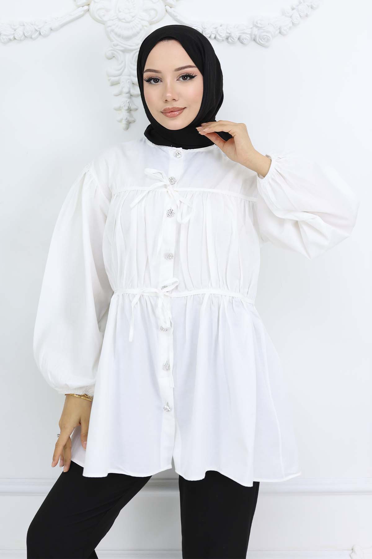 Taş Düğmeli Büzgülü Gömlek Ekru 2252